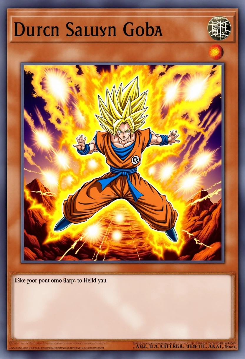 This image is a digital artwork of a Yu-Gi-Oh! trading card featuring Goku. The card showcases the iconic Saiyan warrior i...