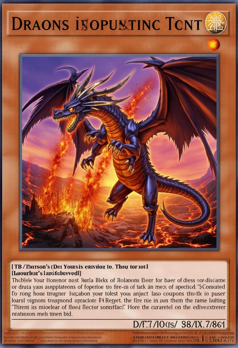 An ancient dragon,  its scales forged from molten lava,  rises from a fiery chasm. Its massive wings are engulfed in flame...