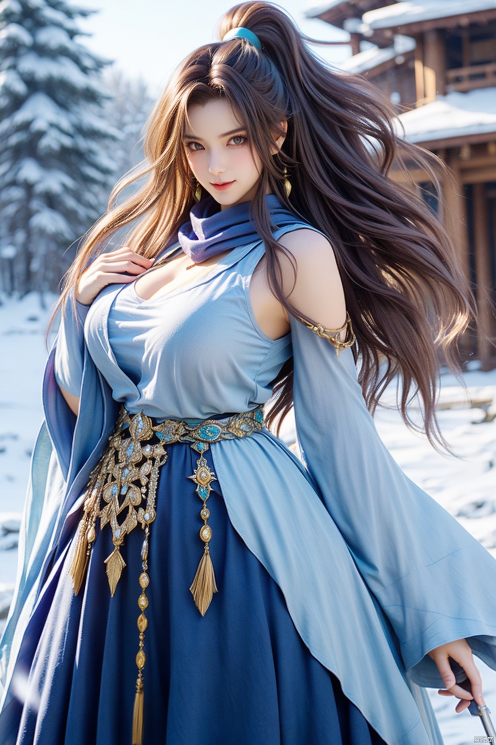 1girl solo long hair breasts looking at viewer smile red eyes dress holding jewelry medium breasts ponytail red hair detached sleeves wide sleeves necklace scarf white dress high ponytail staff white scarf snowflakes