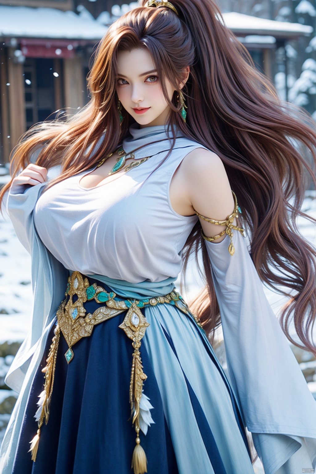 1girl solo long hair breasts looking at viewer smile red eyes dress holding jewelry medium breasts ponytail red hair detached sleeves wide sleeves necklace scarf white dress high ponytail staff white scarf snowflakes