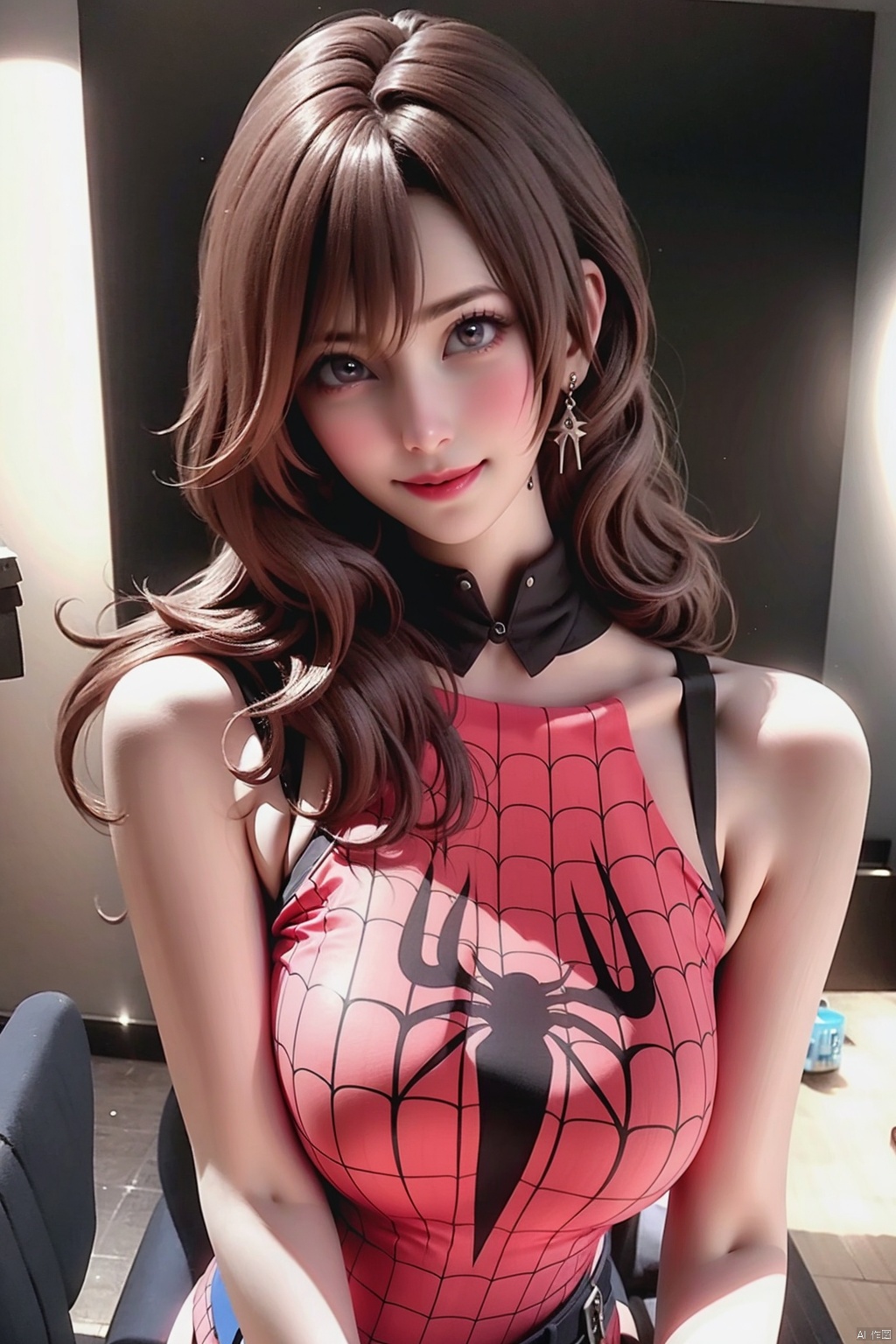 1girl solo long hair breasts looking at viewer smile brown hair brown eyes jewelry indoors bracelet cosplay spider web pri...