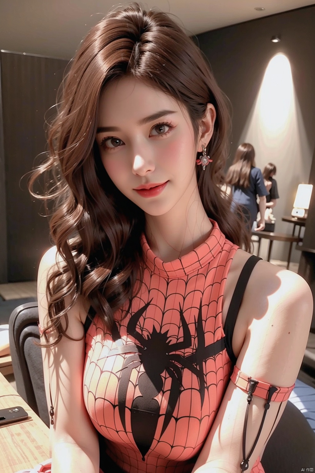 1girl solo long hair breasts looking at viewer smile brown hair brown eyes jewelry indoors bracelet cosplay spider web pri...