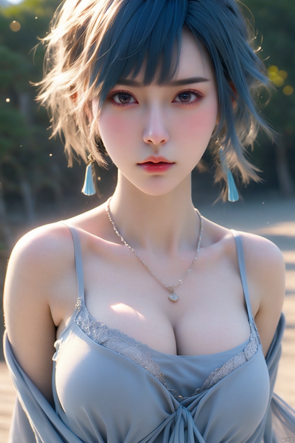 
1girl solo breasts looking at viewer short hair large breasts cleavage jewelry underwear blue hair earrings necklace bra realistic