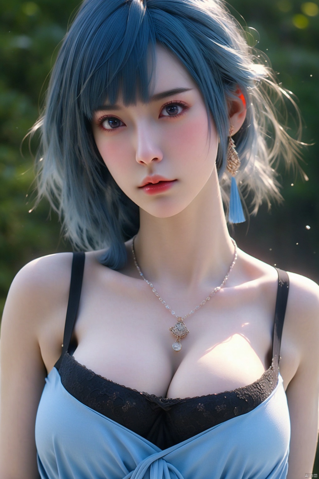 
1girl solo breasts looking at viewer short hair large breasts cleavage jewelry underwear blue hair earrings necklace bra realistic