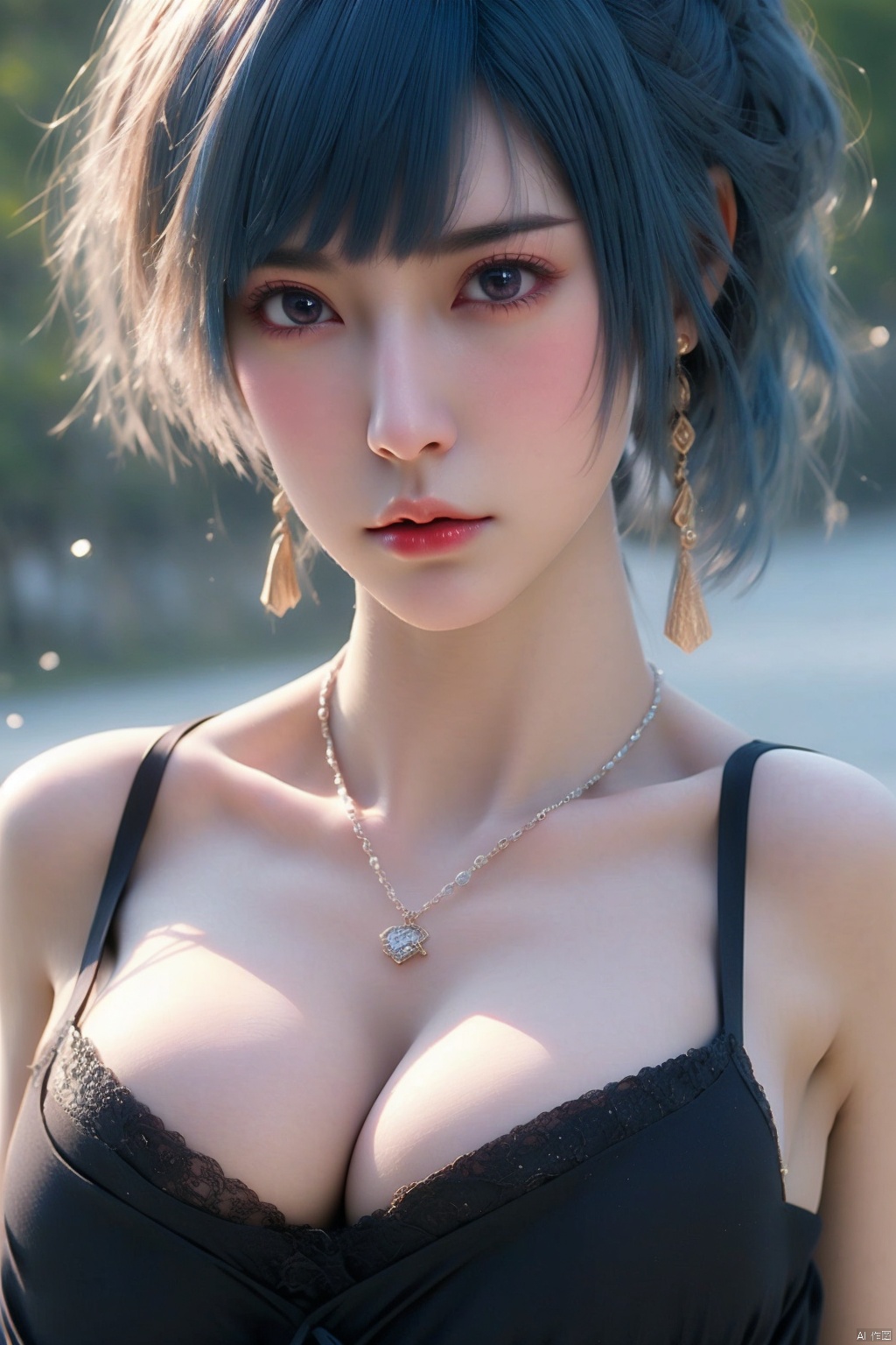 
1girl solo breasts looking at viewer short hair large breasts cleavage jewelry underwear blue hair earrings necklace bra realistic