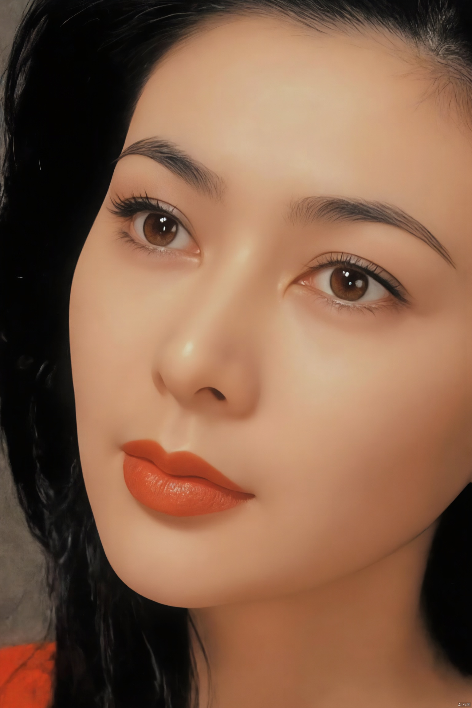 A captivating close-up shot of a stunning woman's face, captured under the iconic 35mm Kodak camera. The lens frames her features with precision, emphasizing the curves of her cheekbones and the gentle slope of her nose. Soft, golden light from above illuminates her porcelain skin, accentuating the subtle contours of her eyebrows and the delicate shape of her lips. Her eyes, like two shimmering pools of sapphire, seem to hold a thousand secrets, inviting the viewer to linger and behold her beauty.