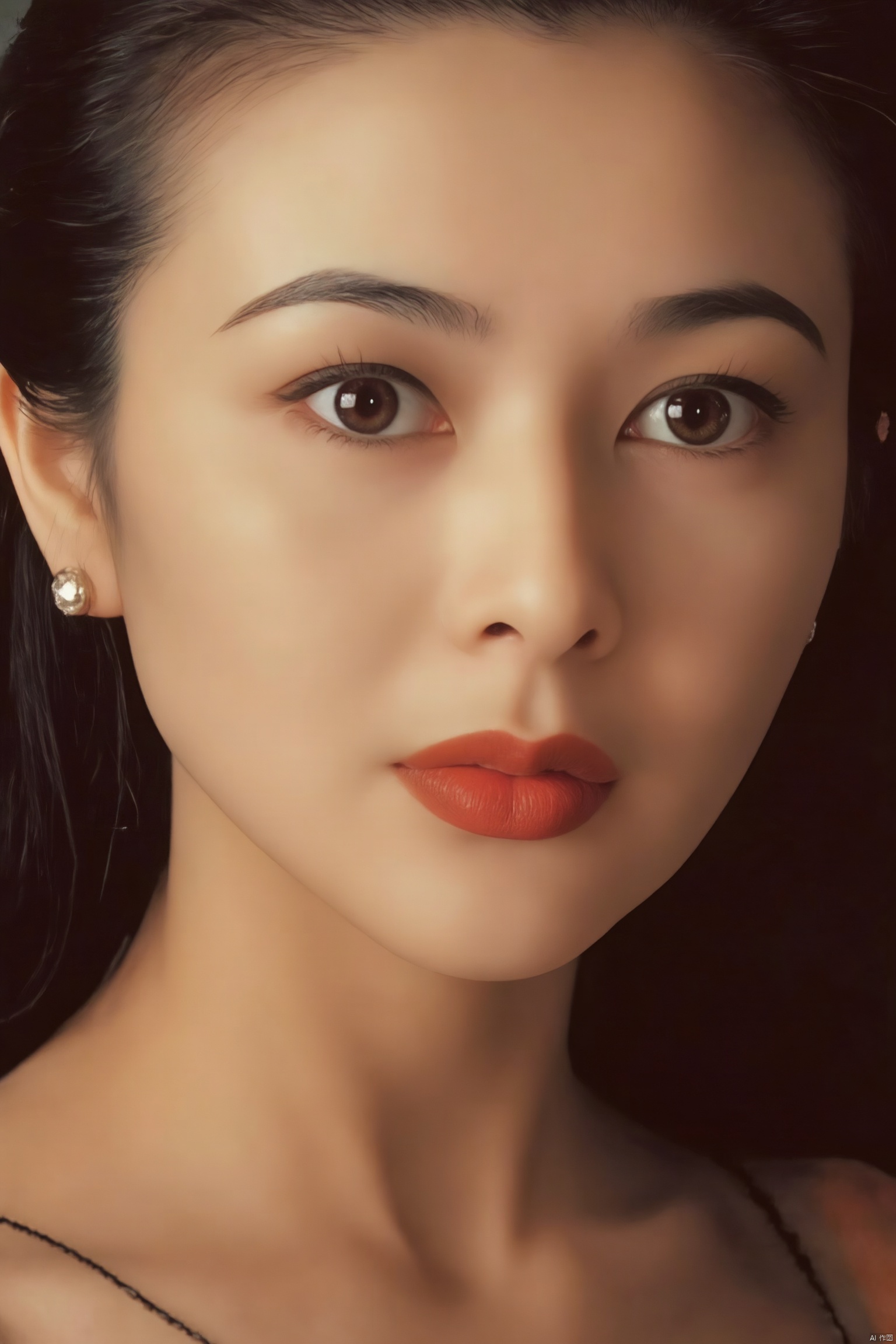 A captivating close-up shot of a stunning woman's face, captured under the iconic 35mm Kodak camera. The lens frames her features with precision, emphasizing the curves of her cheekbones and the gentle slope of her nose. Soft, golden light from above illuminates her porcelain skin, accentuating the subtle contours of her eyebrows and the delicate shape of her lips. Her eyes, like two shimmering pools of sapphire, seem to hold a thousand secrets, inviting the viewer to linger and behold her beauty.