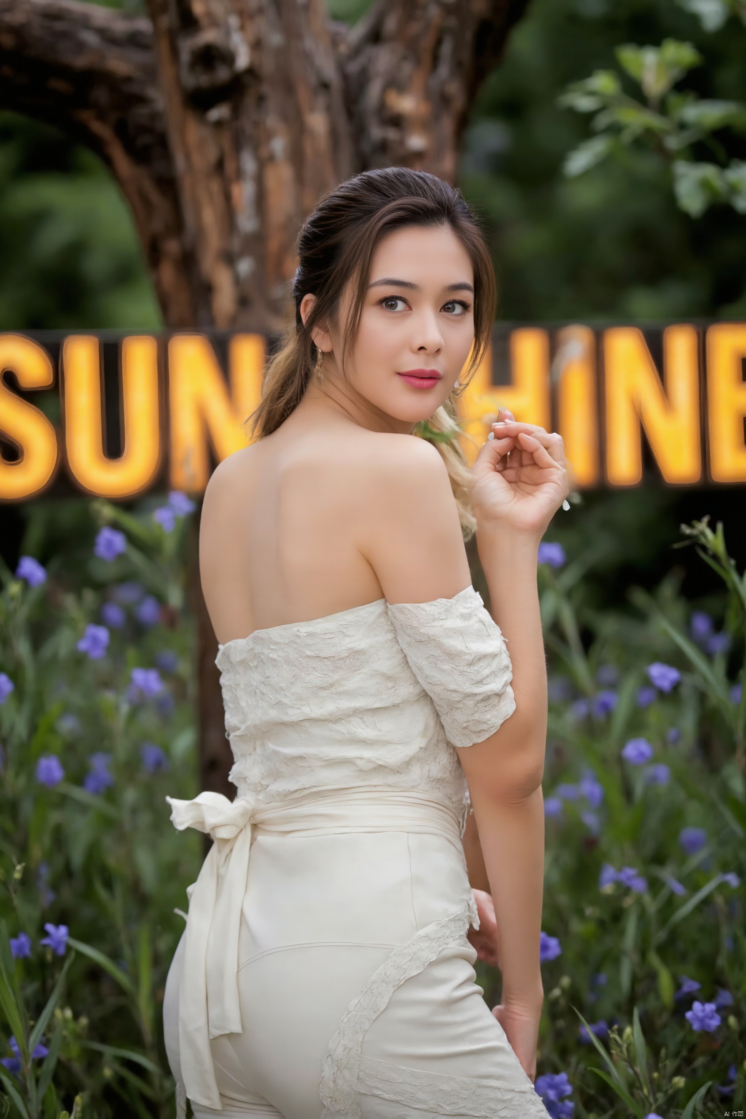 A breathtaking masterpiece! In an 8K HDR photography setting, a stunning woman stands before a lush backdrop of green plants and a majestic tree trunk. Her strapless white dress, intricately detailed with a flowing ribbon tied around her waist, showcases her curves. Her ponytail frames her radiant face, while her piercing blue eyes sparkle and her vibrant pink lips curve into a subtle smile. As she relaxes, her arms draped across her body, the warm sunlight behind her casts a dramatic glow, spelling out SUNSHINE in bold letters against the greenery.