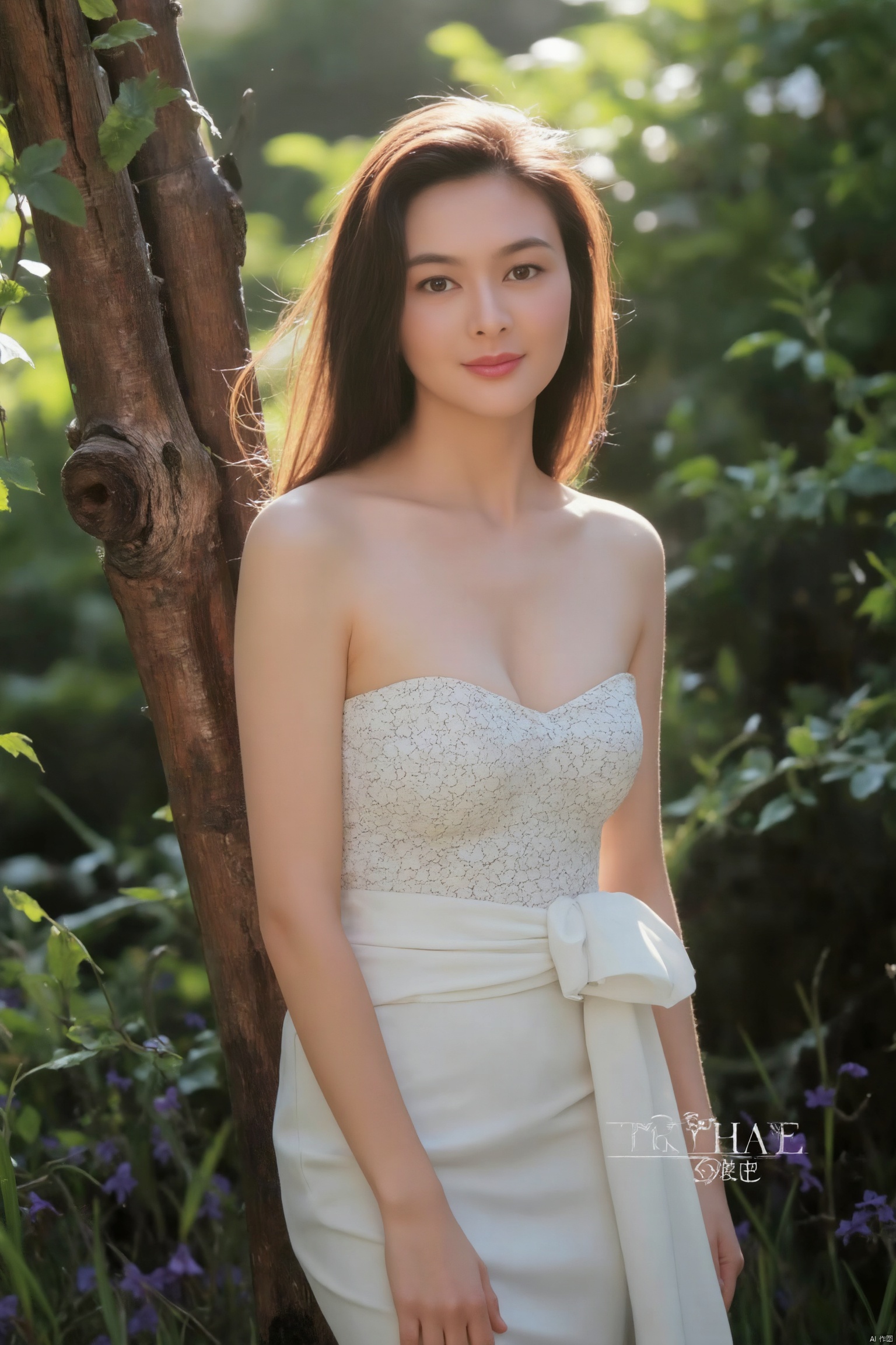 A breathtaking masterpiece! In an 8K HDR photography setting, a stunning woman stands before a lush backdrop of green plants and a majestic tree trunk. Her strapless white dress, intricately detailed with a flowing ribbon tied around her waist, showcases her curves. Her ponytail frames her radiant face, while her piercing blue eyes sparkle and her vibrant pink lips curve into a subtle smile. As she relaxes, her arms draped across her body, the warm sunlight behind her casts a dramatic glow, spelling out SUNSHINE in bold letters against the greenery.