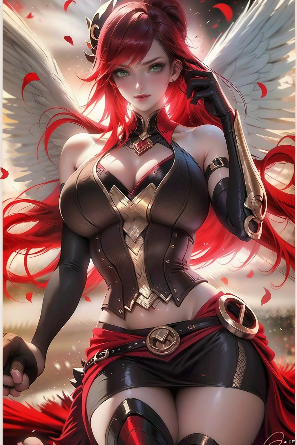 1girl long hair breasts looking at viewer smile skirt large breasts thighhighs gloves navel cleavage bare shoulders jewelry very long hair green eyes standing ponytail red hair cowboy shot parted lips wings teeth solo focus black gloves elbow gloves midriff belt artist name signature miniskirt black skirt petals tattoo holding hands pov watermark border gem feathered wings armlet out of frame angel wings circlet pov hands