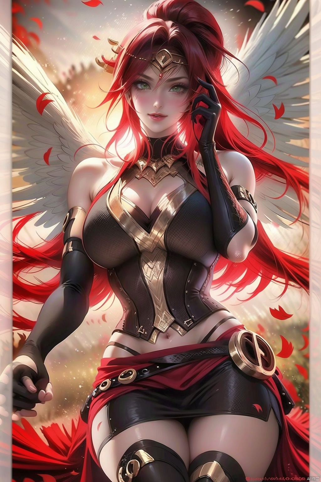 1girl long hair breasts looking at viewer smile skirt large breasts thighhighs gloves navel cleavage bare shoulders jewelry very long hair green eyes standing ponytail red hair cowboy shot parted lips wings teeth solo focus black gloves elbow gloves midriff belt artist name signature miniskirt black skirt petals tattoo holding hands pov watermark border gem feathered wings armlet out of frame angel wings circlet pov hands