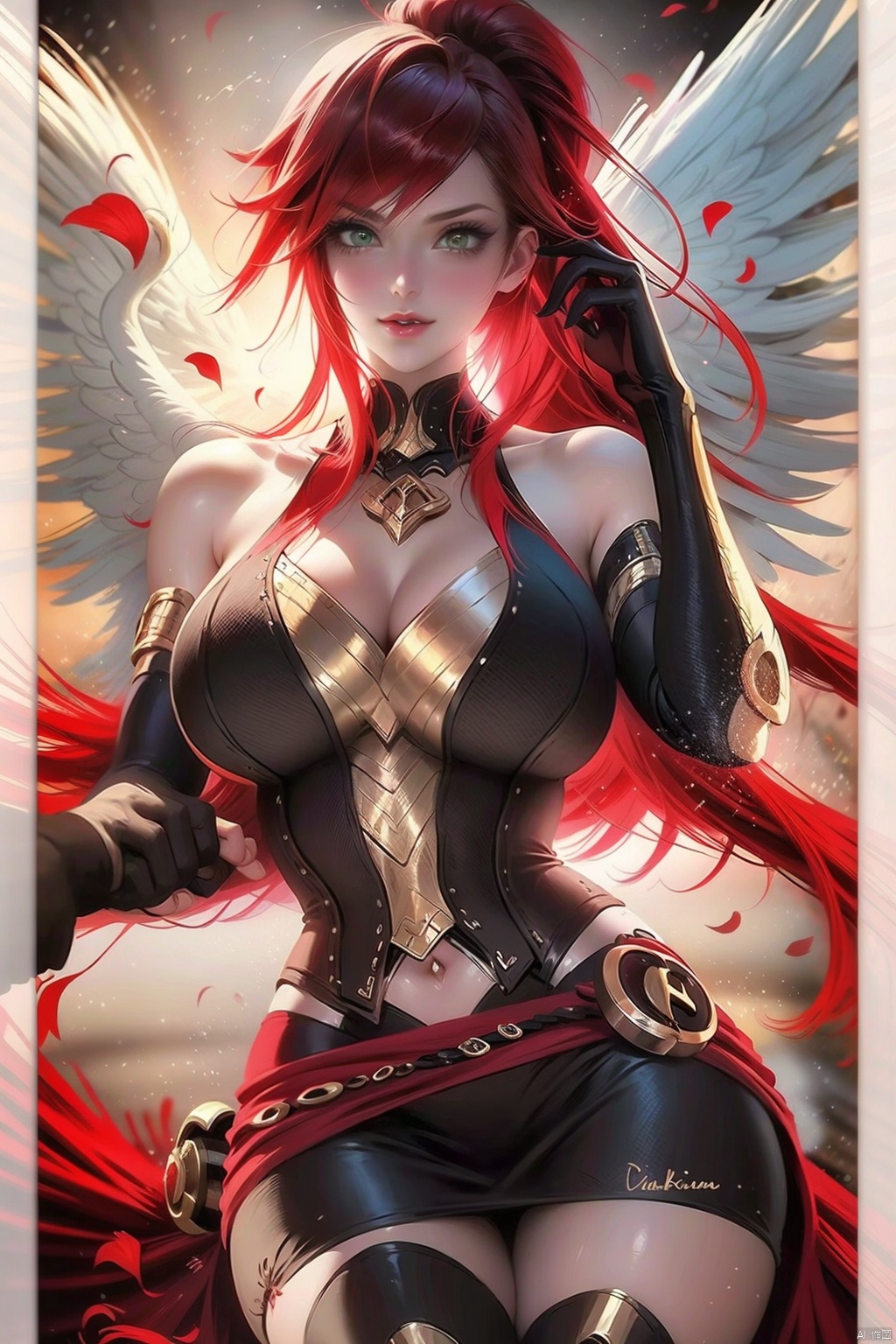 1girl long hair breasts looking at viewer smile skirt large breasts thighhighs gloves navel cleavage bare shoulders jewelry very long hair green eyes standing ponytail red hair cowboy shot parted lips wings teeth solo focus black gloves elbow gloves midriff belt artist name signature miniskirt black skirt petals tattoo holding hands pov watermark border gem feathered wings armlet out of frame angel wings circlet pov hands