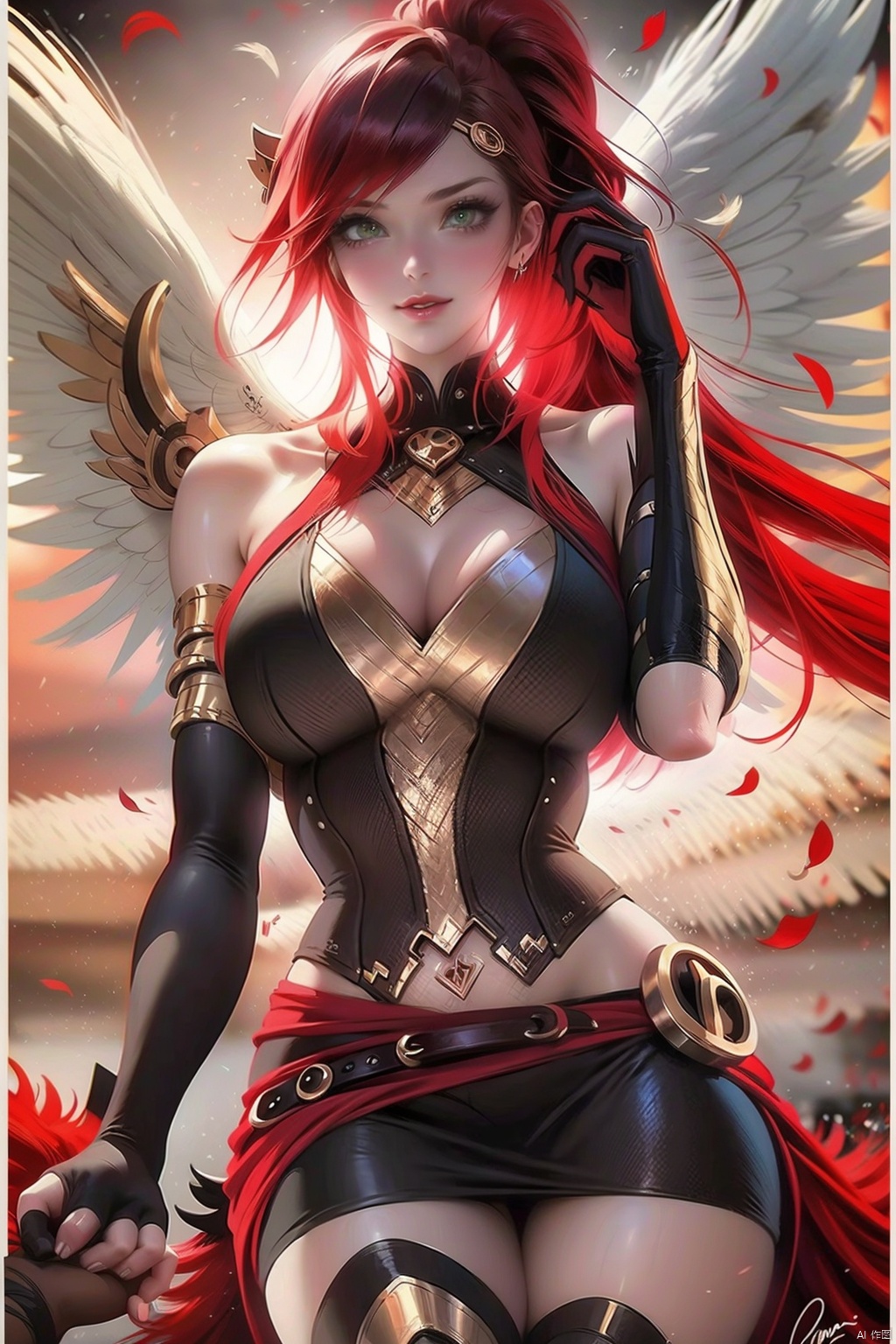 1girl long hair breasts looking at viewer smile skirt large breasts thighhighs gloves navel cleavage bare shoulders jewelry very long hair green eyes standing ponytail red hair cowboy shot parted lips wings teeth solo focus black gloves elbow gloves midriff belt artist name signature miniskirt black skirt petals tattoo holding hands pov watermark border gem feathered wings armlet out of frame angel wings circlet pov hands