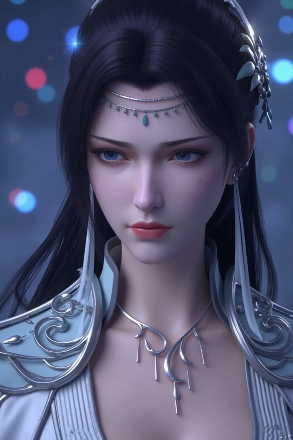 Masterpiece, super high quality, crazy details, dazzling colorful light, intricate details, ultra-detailed, realistic: 1.4, YunYun,1girl, solo, long hair, breasts, blue eyes, black hair, hair ornament, long sleeves, dress, jewelry, upper body, earrings, necklace, white dress, sash, chain, light expressive hair, surreal, sparkling, textured skin, super details, best quality, 8k ,