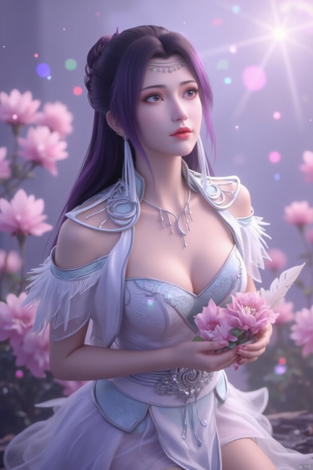 Masterpiece, super high quality, crazy details, dazzling colorful light, intricate details, ultra-detailed, realistic: 1.4, YunYun,1 girl, eyes half-open, holding flowers in her hands. , bright colors, charming face, collarbone, solitude, bare shoulders, flowing feathers, light white tulle, looking at the view, light purple hair with black gradient, long hair with black hair, dreamy and beautiful ,Wearing crystal high heels,Sitting among the flowers, anime aesthetic, in soft focus realism style, lilac background, anime beauty by the pool, expressive hair, surreal, sparkling, textured skin, super details, best quality, 8k ,