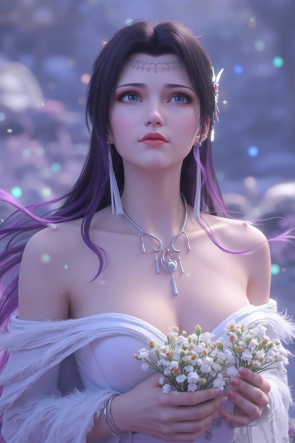 Masterpiece, super high quality, crazy details, dazzling colorful light, intricate details, ultra-detailed, realistic: 1.4, YunYun,1 girl, eyes half-open, holding flowers in her hands. , bright colors, charming face, collarbone, solitude, bare shoulders, flowing feathers, light white tulle, looking up, light purple hair with black gradient, long hair with black hair, white eyelashes, dreamy and beautiful , anime aesthetic, girl in crystal wallpaper, in soft focus realism style, lilac background, anime beauty by the pool, expressive hair, surreal, sparkling, textured skin, super details, best quality, 8k ,