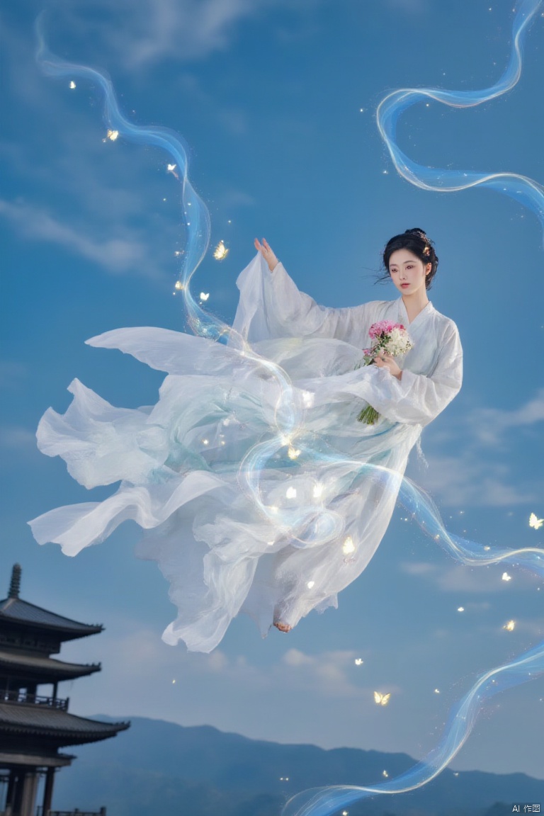  fairy,Sparkling butterflies, shimmering transparent fluttering ribbons,a woman in a white kimono, holding a bouquet of flowers, is soaring through the air. She is dressed in a flowing white dress, adorned with a pink flower in her hair. Her hair is tied in a ponytail, adding a touch of beauty to the scene. The sky is a deep blue, with a few wispy clouds in the distance. To the left of the woman, a pagoda-like structure is visible.