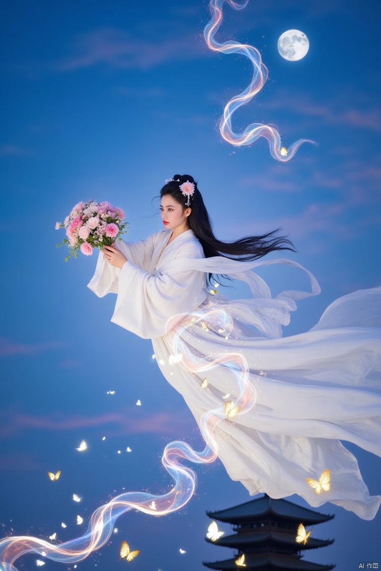  fairy,Sparkling butterflies, shimmering transparent fluttering ribbons,moon,a woman in a white kimono, holding a bouquet of flowers, is soaring through the air. She is dressed in a flowing white dress, adorned with a pink flower in her hair. Her hair is tied in a ponytail, adding a touch of beauty to the scene. The sky is a deep blue, with a few wispy clouds in the distance. To the left of the woman, a pagoda-like structure is visible.