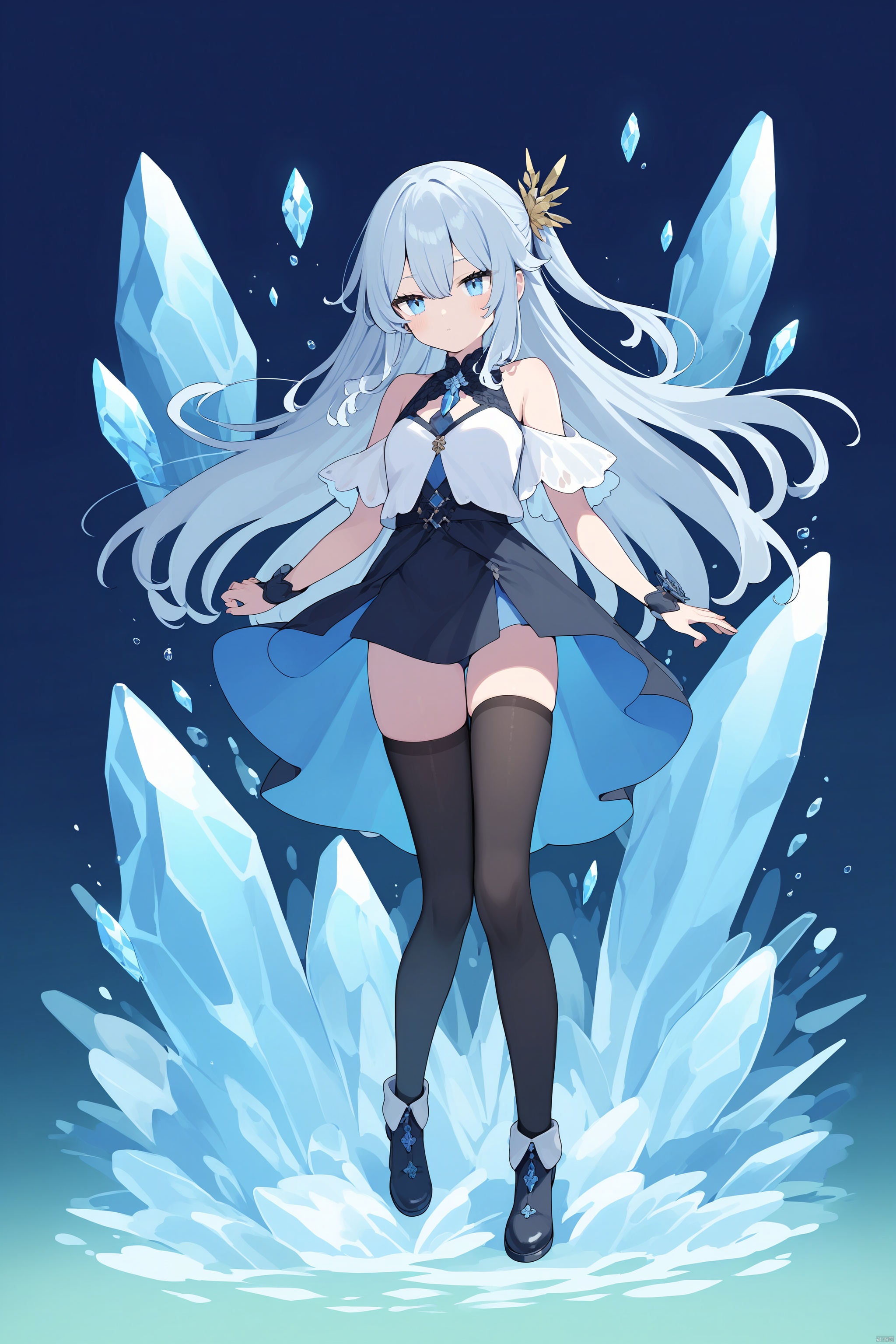 1girl, solo, long hair, blue eyes, hair ornament,bare shoulders, full body, flower, black thighhighs, ice, crystal