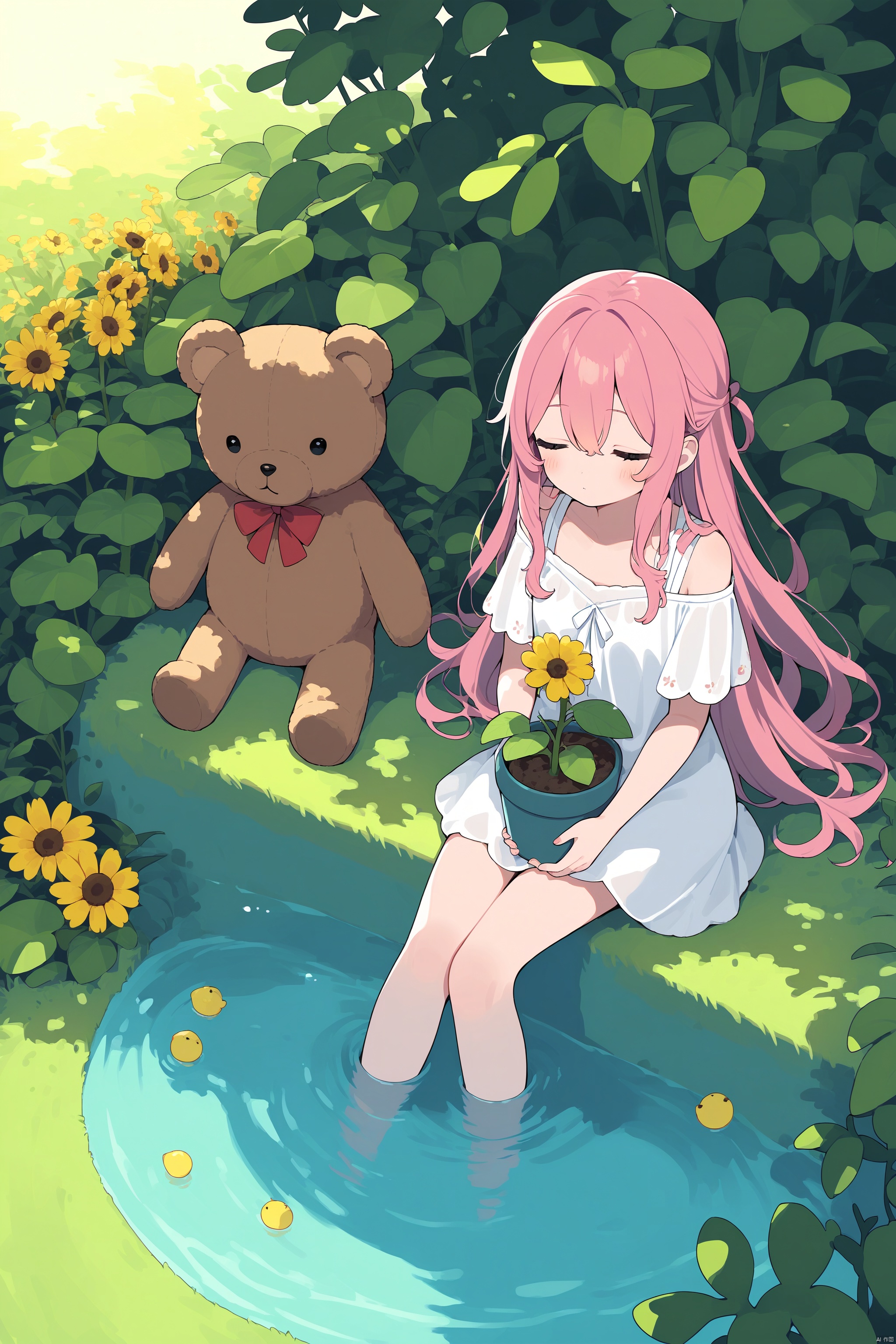 1girl, closed_eyes, dappled_sunlight, dress, flower, grass, leaf, long_hair, pink_hair, plant, potted_plant, sitting, soaking_feet, solo, stuffed_animal, stuffed_toy, sunflower, teddy_bear, very_long_hair, water, yellow_flower