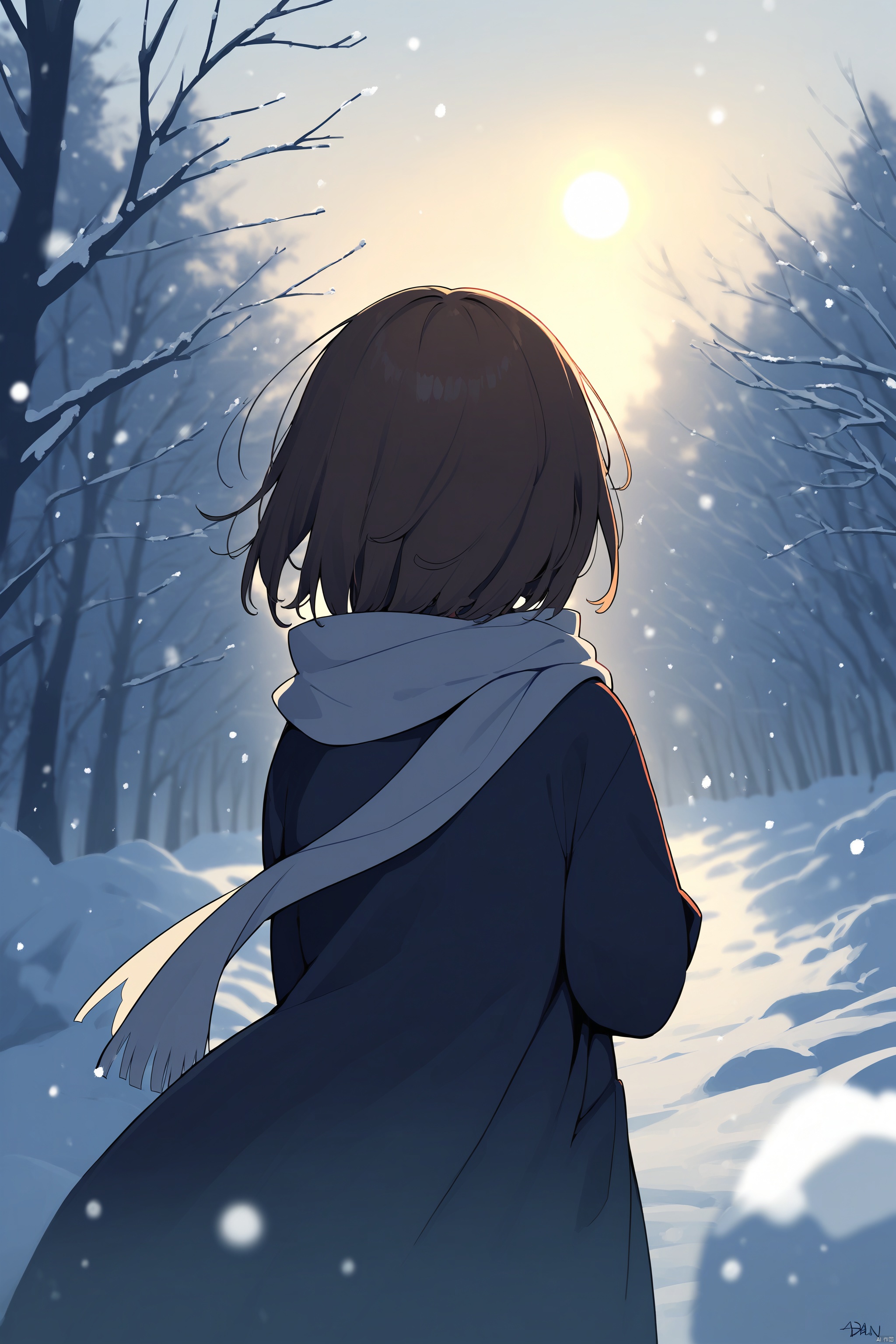 1girl, solo, scarf, snow, blurry, tree, depth_of_field, outdoors, winter, short_hair, signature, snowing, nature, wind, scenery, backlighting, bokeh, sunlight, silhouette, bare_tree, blurry_background, forest, from_behind