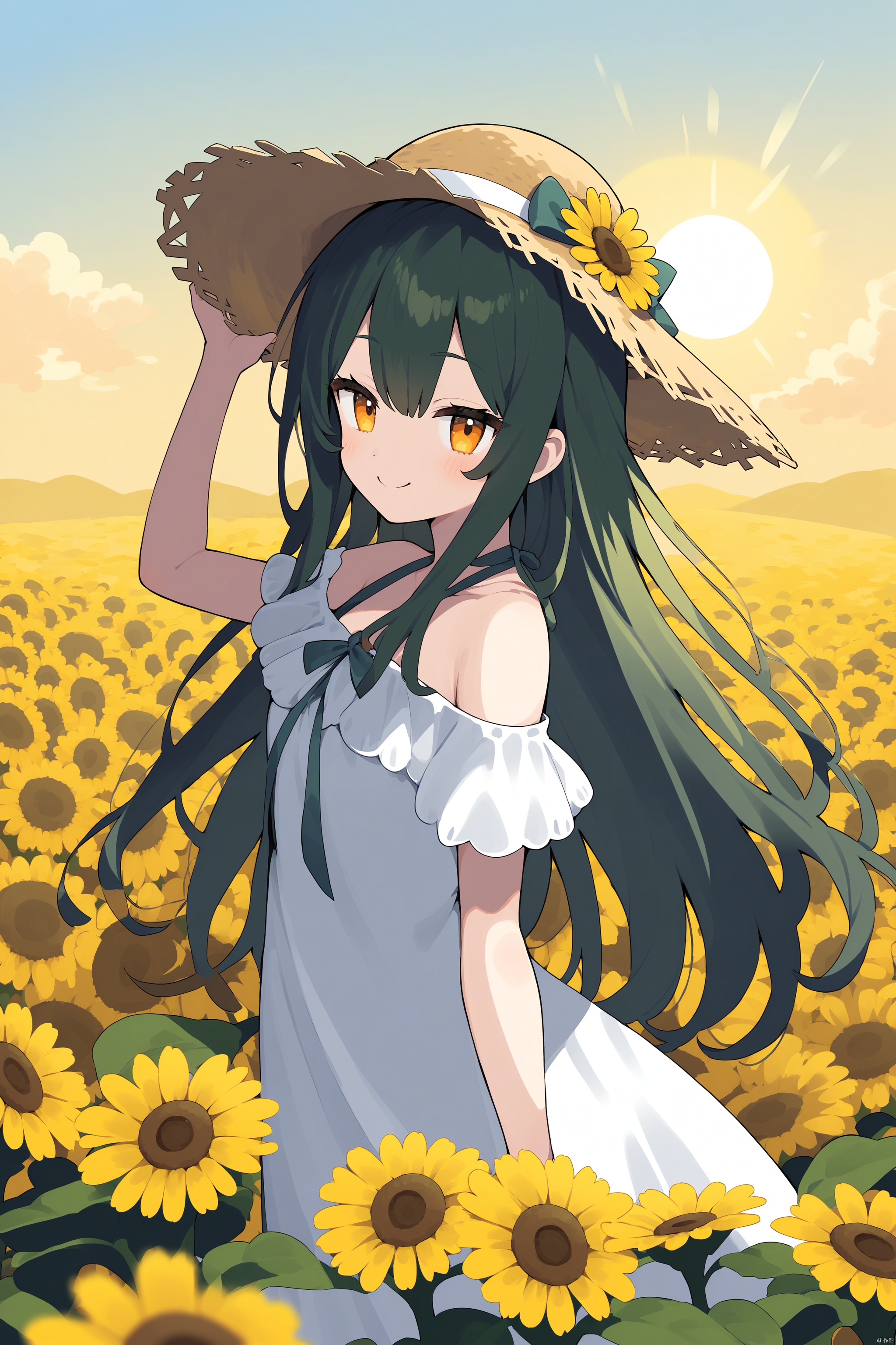 Two-dimensional anime style, a girl with long black straight hair and big shiny eyes, wearing an off-shoulder ruffled white dress, ribbons, bows, and a straw hat with floral ornaments, showing a sly smile, leaning her body slightly, four Fifteen degrees side view. The scene is in the sunflower field, the sun is shining brightly
