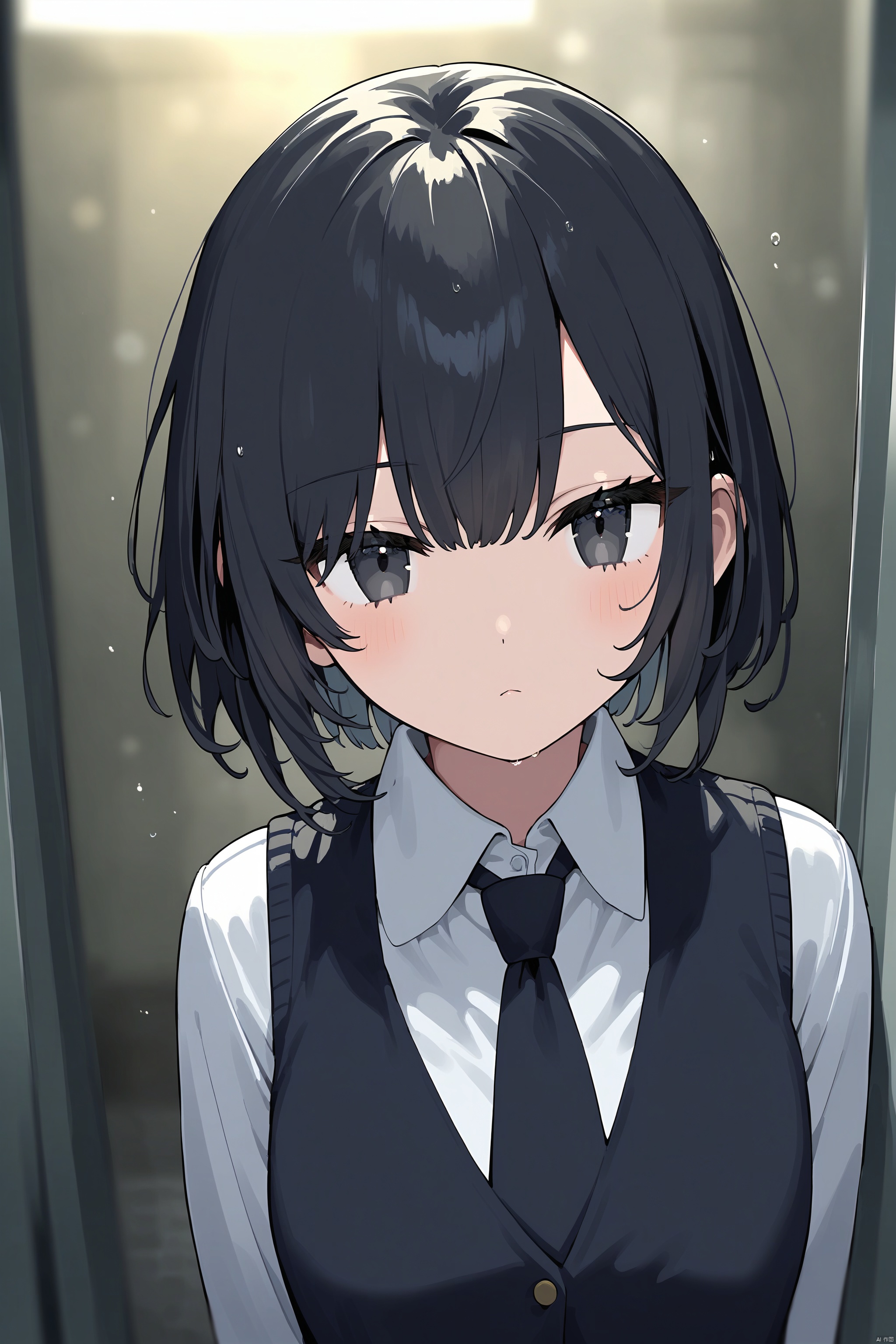 1girl, solo, best quality, detailed, blurry background, 1girl, solo, impasto, oil painting, best quality, portrait, honeycomb background, blurry background, upper body, looking at viewer, black eyes, black hair, short hair, bangs, collared shirt, white shirt, school uniform, black vest, black necktie, tile wall, indoors, bathroom, tile floor, chain-link fence, brick wall, stone wall, honeycomb \(pattern\), shower \(place\), brick floor, depth of field, stone floor, ceiling, wet, pavement , blurry foreground, motion blur, focused, photo \(medium\), bokeh, glowstick, chromatic aberration, blur censor, film grain,