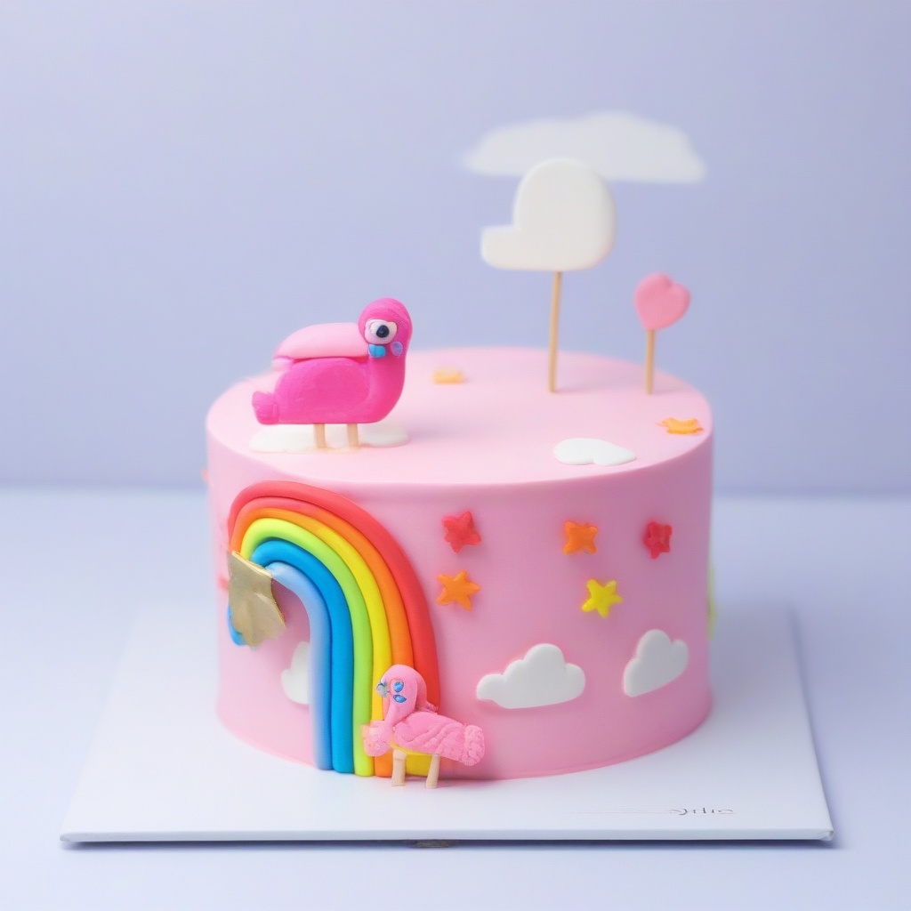 cupc@kes,  birthday cake of a cute pink flenmingo and rainbow on Tensor.Art