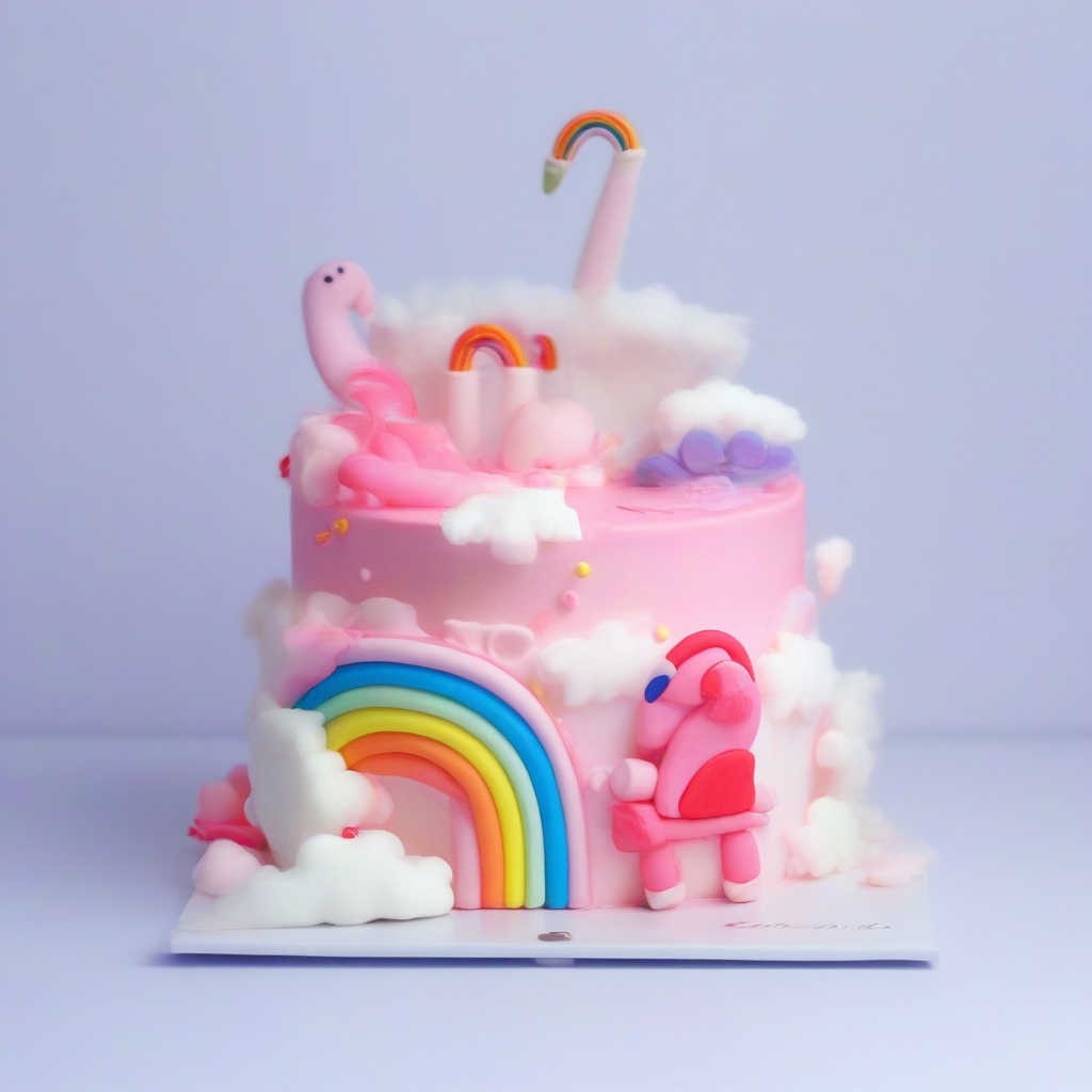 cupc@kes,  birthday cake of a cute pink flenmingo and rainbow on Tensor.Art