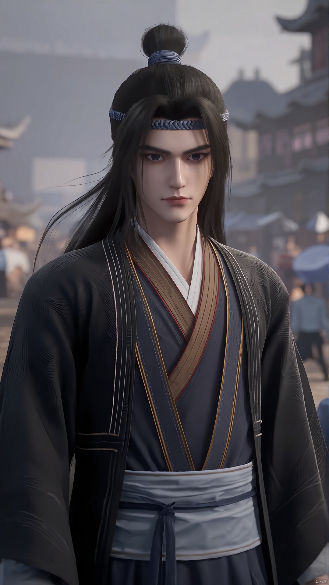 1boy,look at the camera,20-year-old,bust,In the morning,standing in the hazy morning mist,handsome,Chinese Costume,dark blue Hanfu,broad shoulders,manly chinese dudes,handsome male,bloodstain,dark blue headband,wind,floating hair,blacklong hair,High ponytail,swordsman (full body:0.4),realistic,outdoors,A shot with tension,Visual impact,Chinese Zen style,impactful picture,best quality,8k,hyper quality,high detail,ultra detailed,Masterpiece,solo,Big movie style,bust,solo,black hair,looking at viewer,realistic,indoors,upper body,long hair,headband,closed mouth,blurry,topknot,blurry background,robe,hair bun,,,hair band,