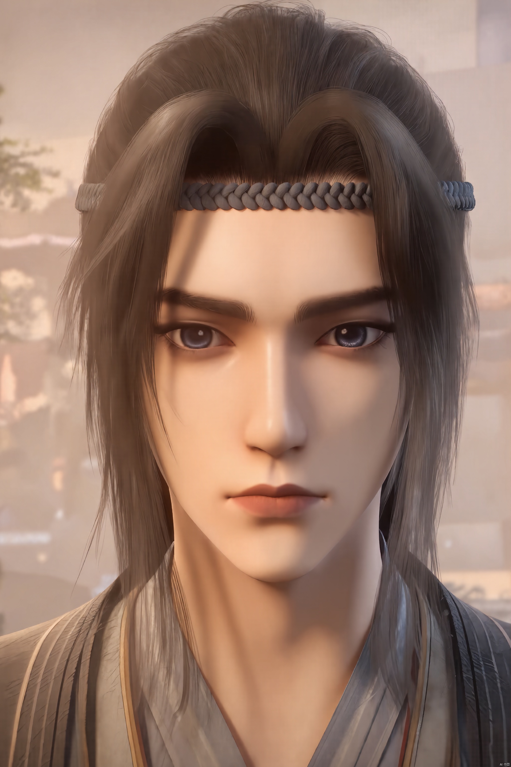 solo, portrait, realistic, looking at viewer, closed mouth, brown hair, heterochromia, 1boy, lips, male focus, blonde hair