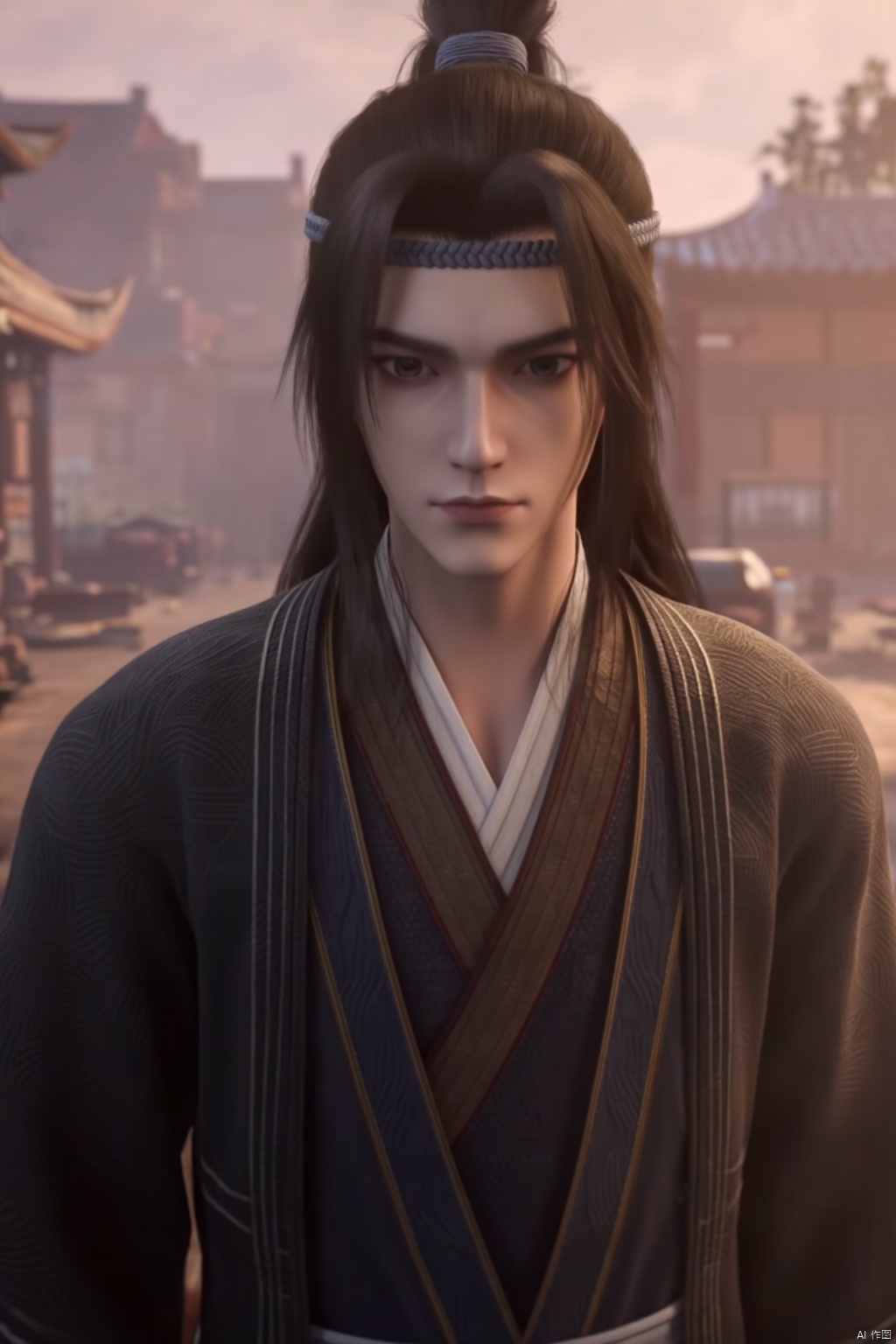 1boy,look at the camera,20-year-old,bust,In the morning,standing in the hazy morning mist,handsome,Chinese Costume,dark blue Hanfu,broad shoulders,manly chinese dudes,handsome male,bloodstain,dark blue headband,wind,floating hair,blacklong hair,High ponytail,swordsman (full body:0.4),realistic,outdoors,A shot with tension,Visual impact,Chinese Zen style,impactful picture,best quality,8k,hyper quality,high detail,ultra detailed,Masterpiece,solo,Big movie style,bust,solo,black hair,looking at viewer,realistic,indoors,upper body,long hair,headband,closed mouth,blurry,topknot,blurry background,robe,hair bun,,,hair band,