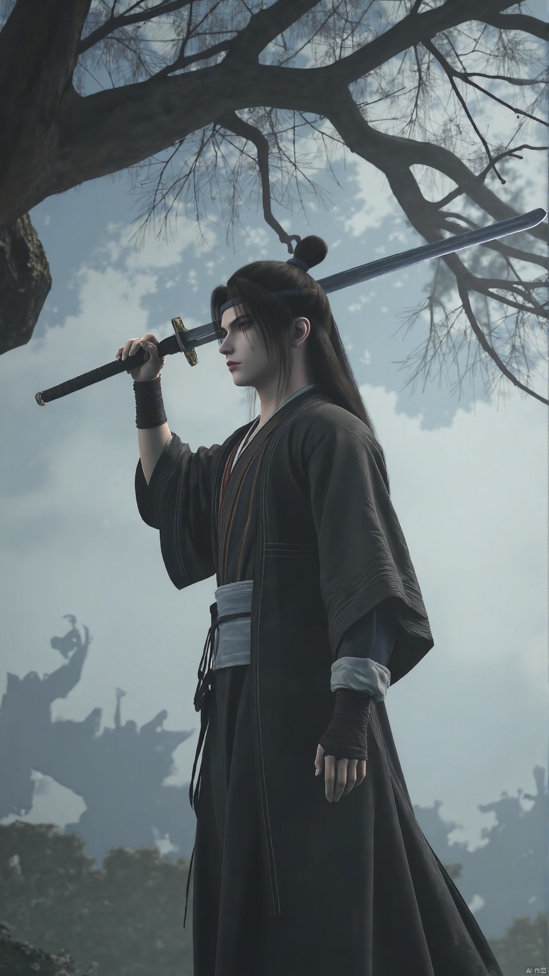 A lone figure emerges from the misty veil of a cloudy sky, shrouded in an aura of mystery. A young boy with long, raven-black hair, tied into a sleek ponytail, stands tall, his wide-sleeved Japanese clothing rustling softly in the gentle breeze. He holds aloft a gleaming sword, its metal glinting in the diffused light that filters through the grey clouds. The tree's gnarled branches stretch out like skeletal fingers, as if to snatch at the boy's flowing locks. A tangle of bandages wraps around his arm, adding an air of rugged determination to his resolute pose. Framed by the cloudy expanse, this enigmatic young warrior stands defiantly, his gaze fixed on some distant horizon, sword held high in a symbol of unwavering courage.