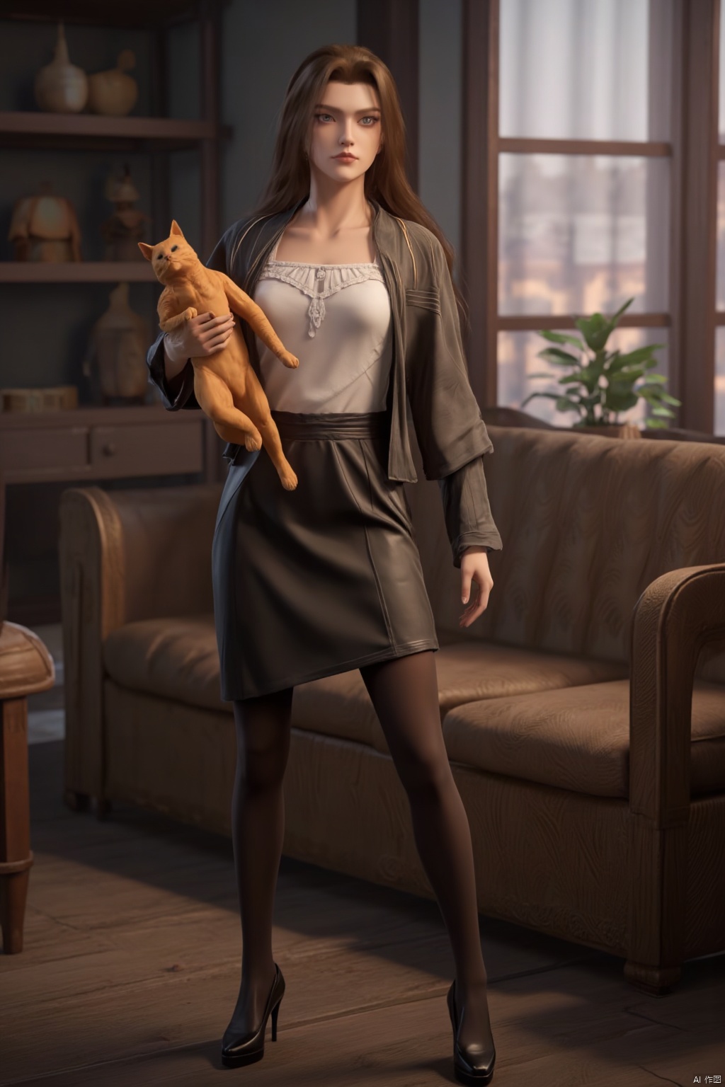 Masterpiece, best quality, stunning details, photorealistic, 1boy, long flowing hair, high details fair skin, big breasts, off-shoulder blouse, pencil skirt, shiny pantyhose, long legs , high heels, full body, living room, (holding a huge ragdoll cat),
