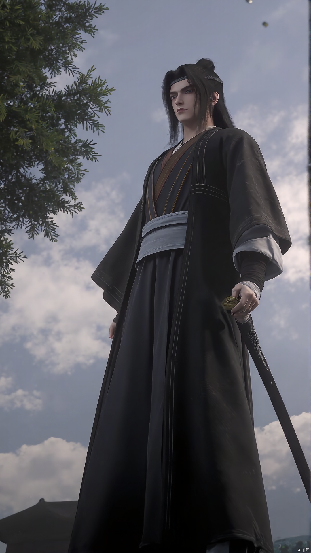 solo, long hair, black hair, 1boy, holding, standing, ponytail, weapon, male focus, outdoors, japanese clothes, sky, sword, cloud, wide sleeves, holding weapon, tree, bandages, holding sword, from below, cloudy sky, grey sky
