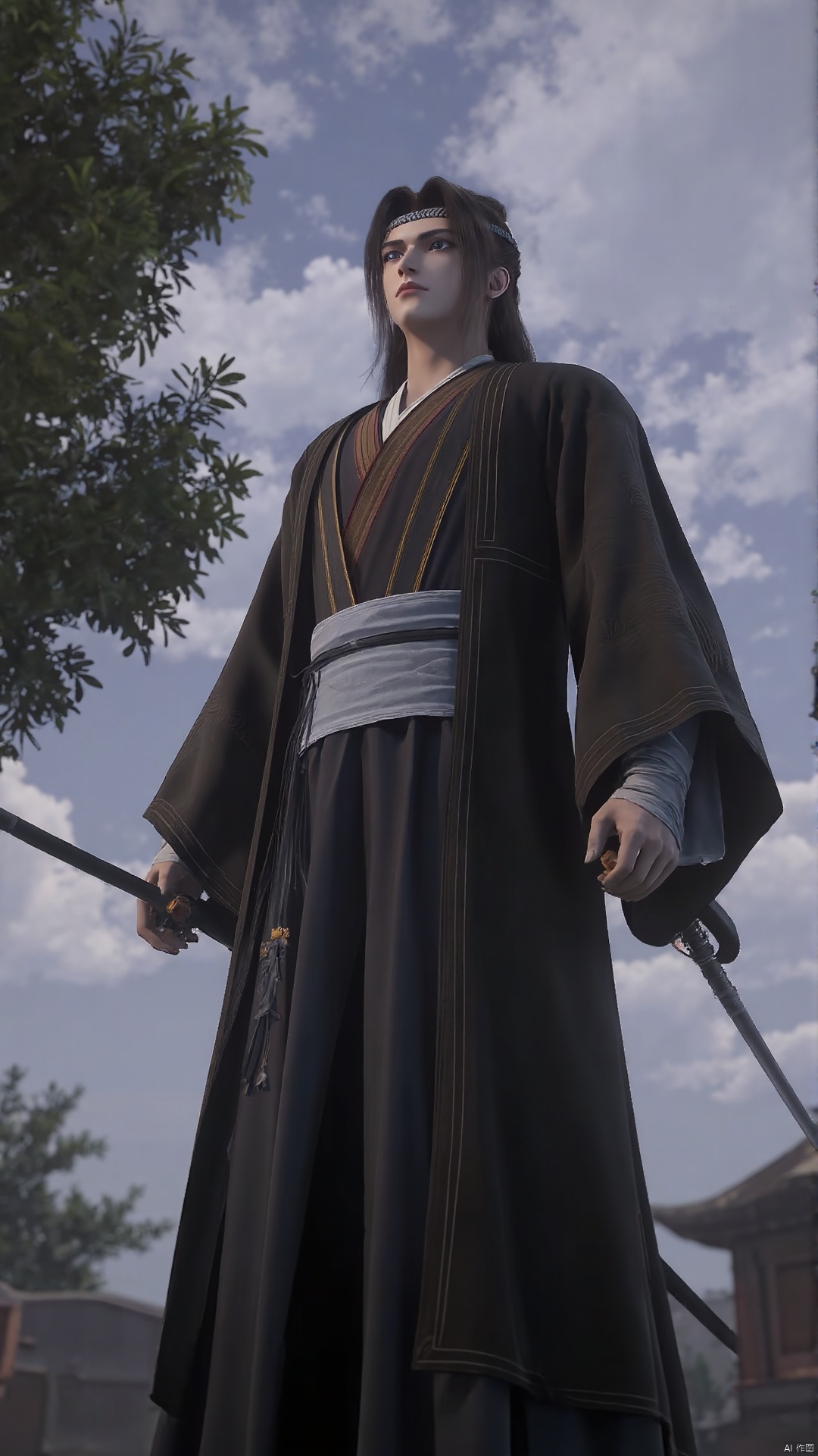 solo, long hair, black hair, 1boy, holding, standing, ponytail, weapon, male focus, outdoors, japanese clothes, sky, sword, cloud, wide sleeves, holding weapon, tree, bandages, holding sword, from below, cloudy sky, grey sky