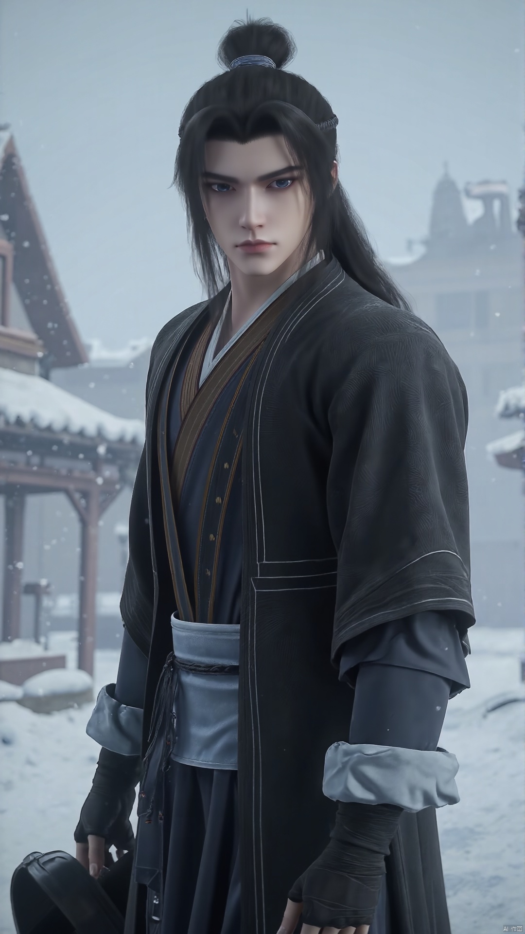 A lone figure stands at the edge of a snowy landscape, hat clutched in hand. The male subject, with piercing blue eyes and raven-black locks tied back in a sleek bun, gazes out into the blizzard. Framed by the letterboxed composition, his strong upper body is set against the winter wonderland. Realistic details and subtle watermarks enhance the scene's authenticity.