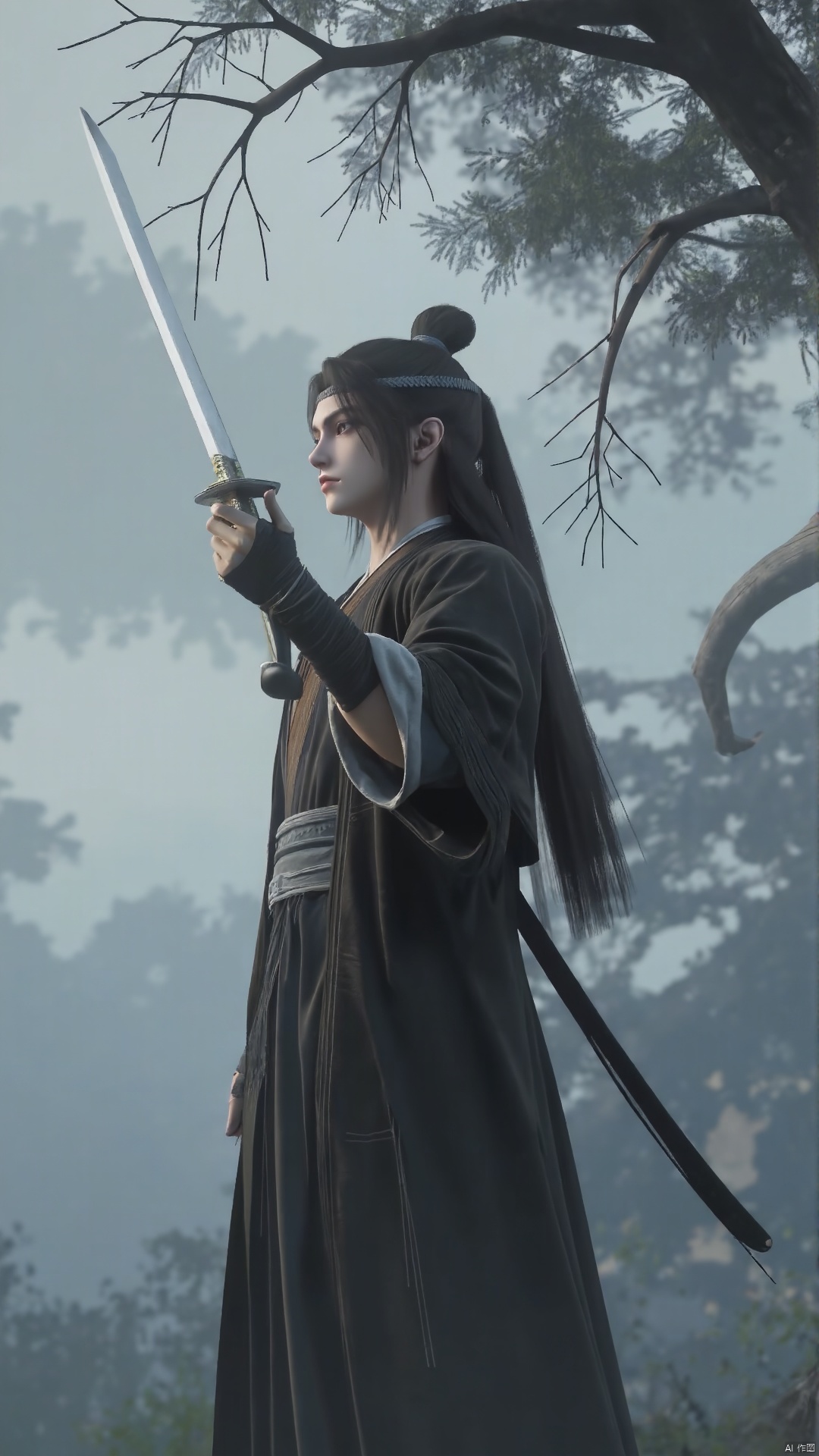A lone figure emerges from the misty veil of a cloudy sky, shrouded in an aura of mystery. A young boy with long, raven-black hair, tied into a sleek ponytail, stands tall, his wide-sleeved Japanese clothing rustling softly in the gentle breeze. He holds aloft a gleaming sword, its metal glinting in the diffused light that filters through the grey clouds. The tree's gnarled branches stretch out like skeletal fingers, as if to snatch at the boy's flowing locks. A tangle of bandages wraps around his arm, adding an air of rugged determination to his resolute pose. Framed by the cloudy expanse, this enigmatic young warrior stands defiantly, his gaze fixed on some distant horizon, sword held high in a symbol of unwavering courage.