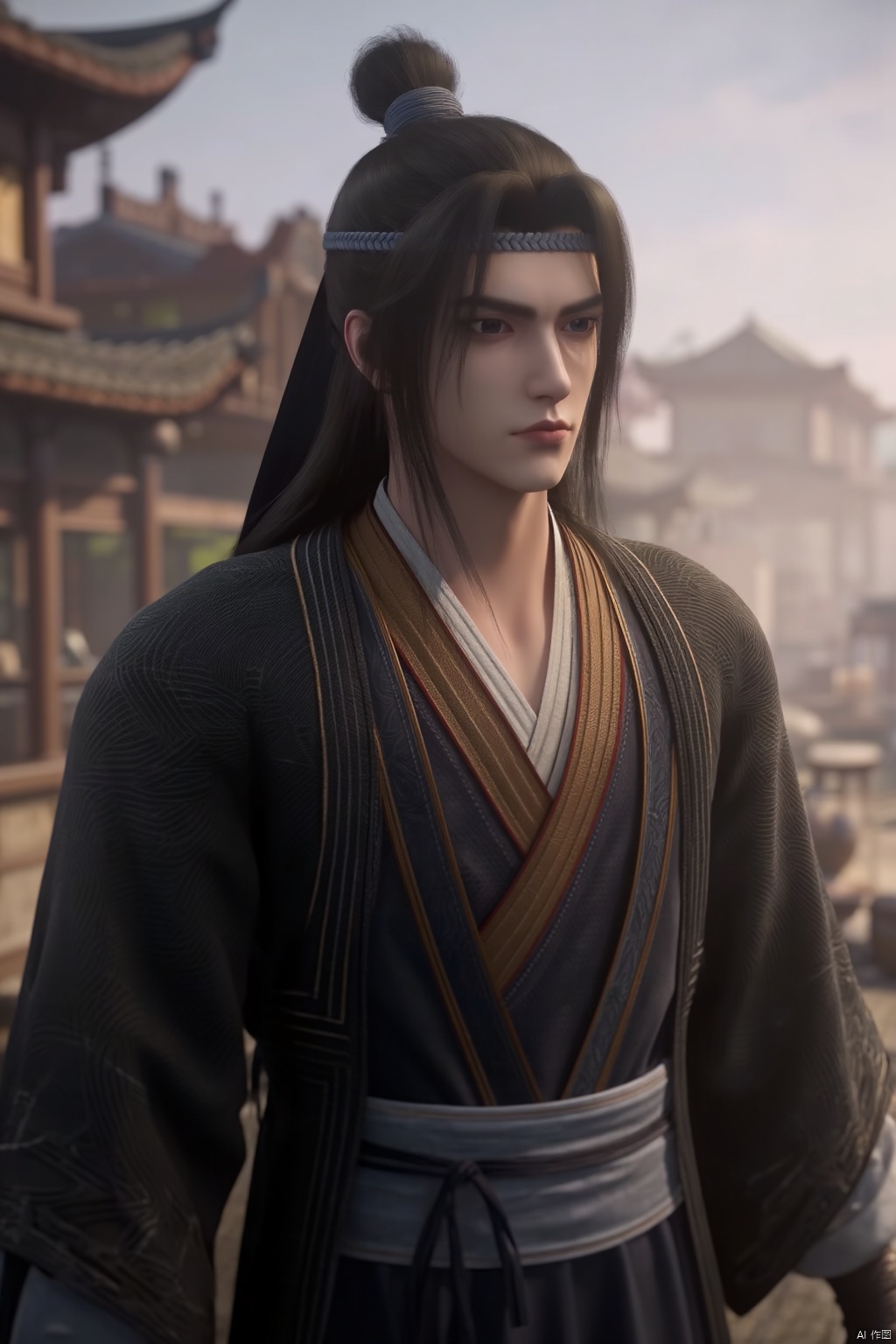 1boy,look at the camera,20-year-old,bust,In the morning,standing in the hazy morning mist,handsome,Chinese Costume,dark blue Hanfu,broad shoulders,manly chinese dudes,handsome male,bloodstain,dark blue headband,wind,floating hair,blacklong hair,High ponytail,swordsman (full body:0.4),realistic,outdoors,A shot with tension,Visual impact,Chinese Zen style,impactful picture,best quality,8k,hyper quality,high detail,ultra detailed,Masterpiece,solo,Big movie style,bust,solo,black hair,looking at viewer,realistic,indoors,upper body,long hair,headband,closed mouth,blurry,topknot,blurry background,robe,hair bun,,,hair band,