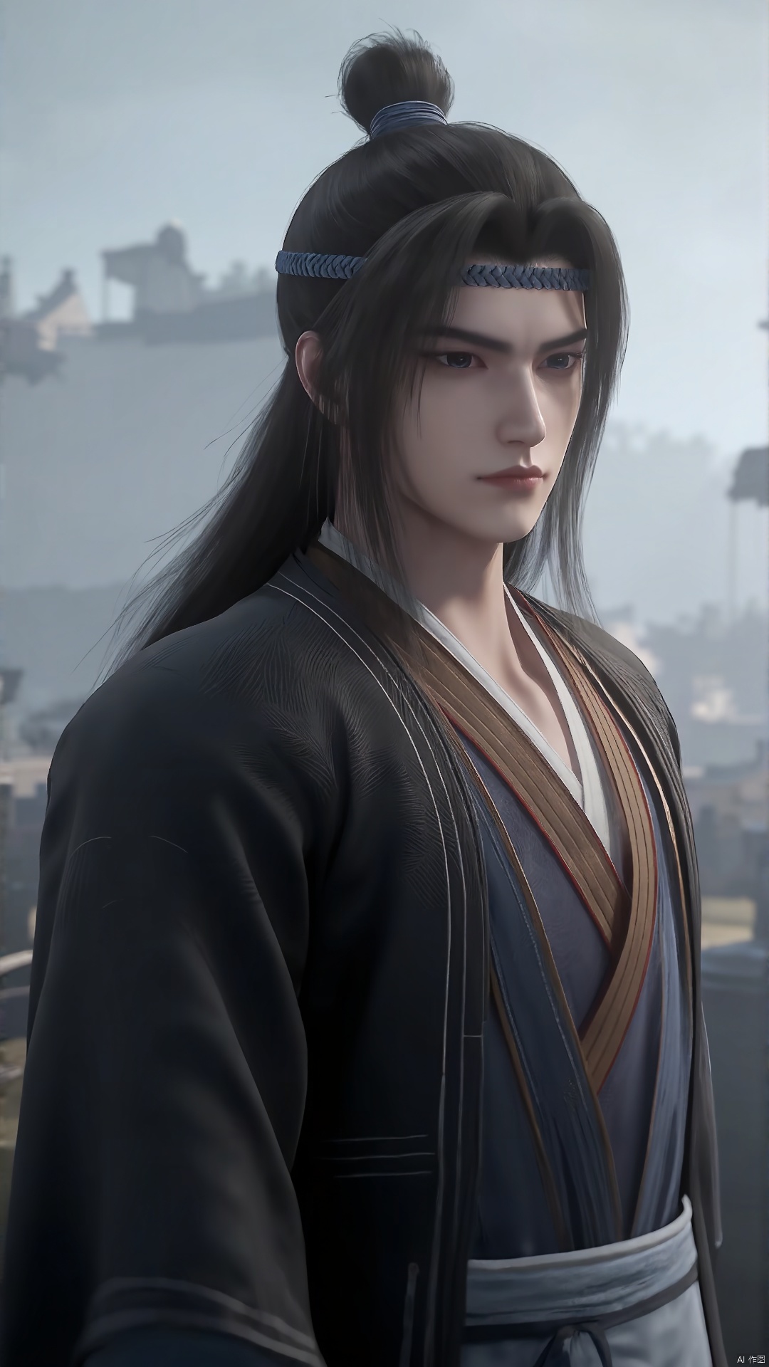 1boy,look at the camera,20-year-old,bust,In the morning,standing in the hazy morning mist,handsome,Chinese Costume,dark blue Hanfu,broad shoulders,manly chinese dudes,handsome male,bloodstain,dark blue headband,wind,floating hair,blacklong hair,High ponytail,swordsman (full body:0.4),realistic,outdoors,A shot with tension,Visual impact,Chinese Zen style,impactful picture,best quality,8k,hyper quality,high detail,ultra detailed,Masterpiece,solo,Big movie style,bust,solo,black hair,looking at viewer,realistic,indoors,upper body,long hair,headband,closed mouth,blurry,topknot,blurry background,robe,hair bun,,,hair band,