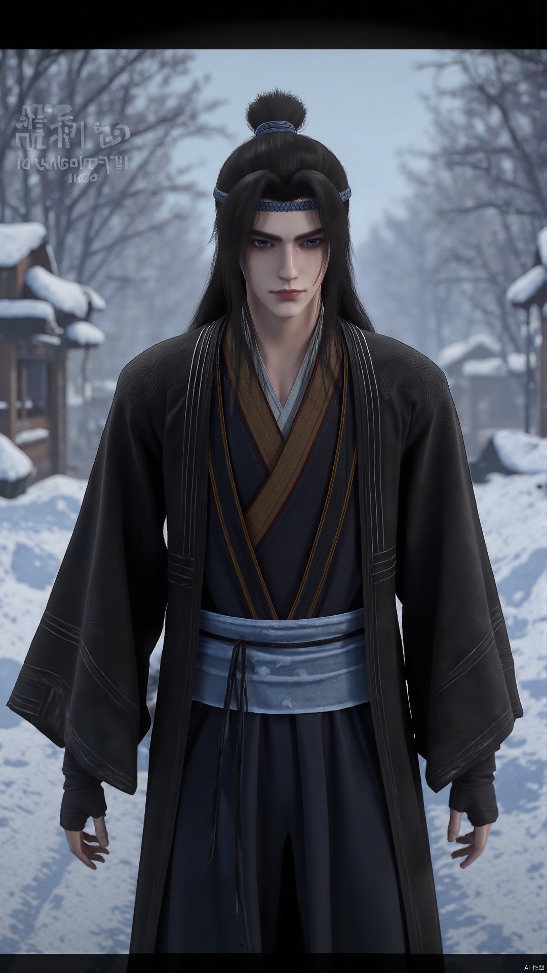 A solitary figure emerges from the snowy landscape, dressed in a warm coat and hat. The male subject's black hair cascades down his back, framing his striking blue eyes. His long hair is tied back in a neat bun. Set against the serene backdrop of snow-covered trees, this letterboxed shot captures the quiet intensity of the moment. Watermark signature of 'Artist Name' subtly adds an air of authenticity to the realistic portrayal.