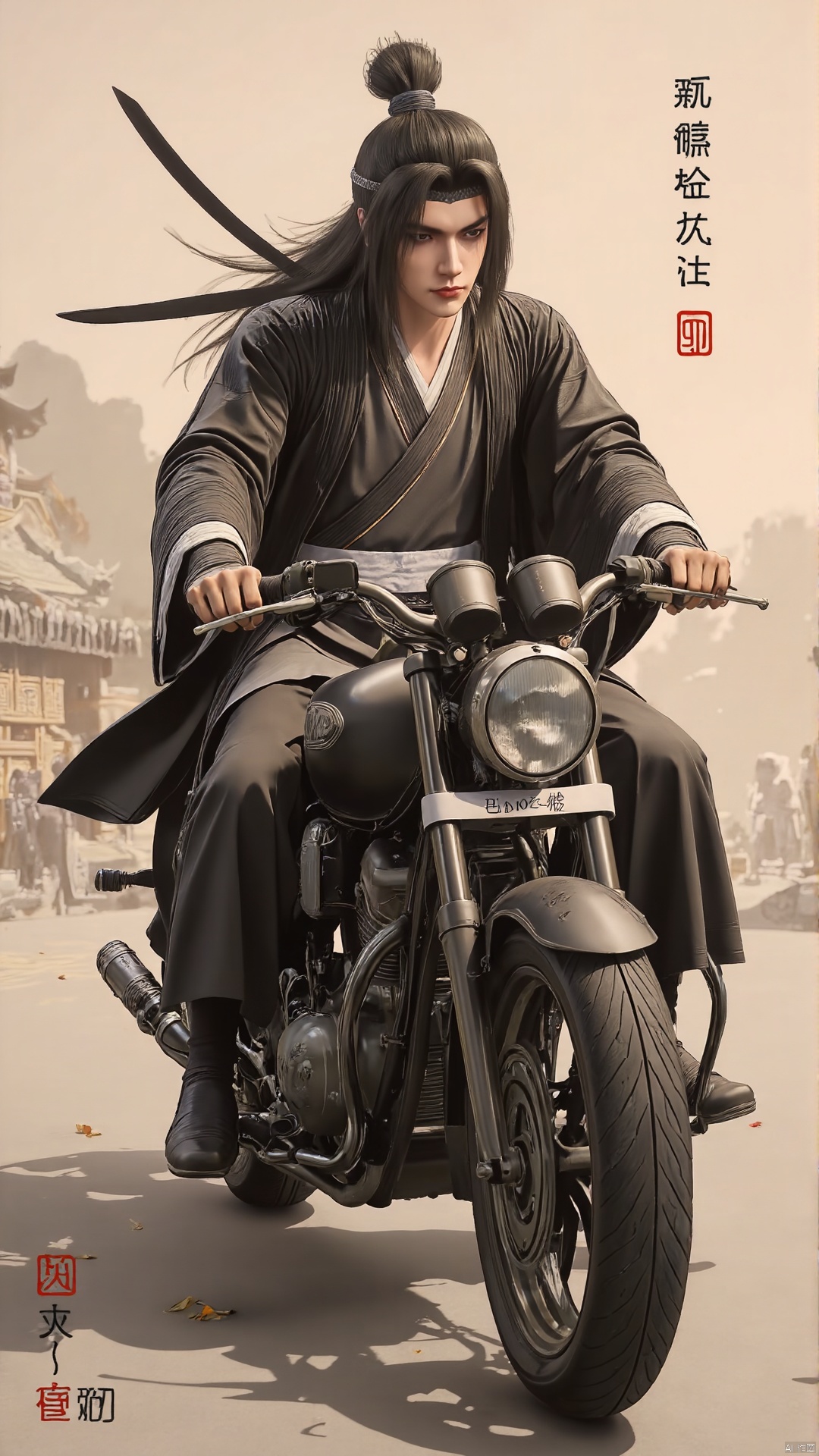  (traditionalchineseinkpainting:1.3),(motorcycle:1.3),A portrait of Guan Yu riding a motorcycle,Holding a large knife in hand,masterpiece,best quality,highly detailed,Amazing,finely detail,(Smoking a cigarette in your mouth),