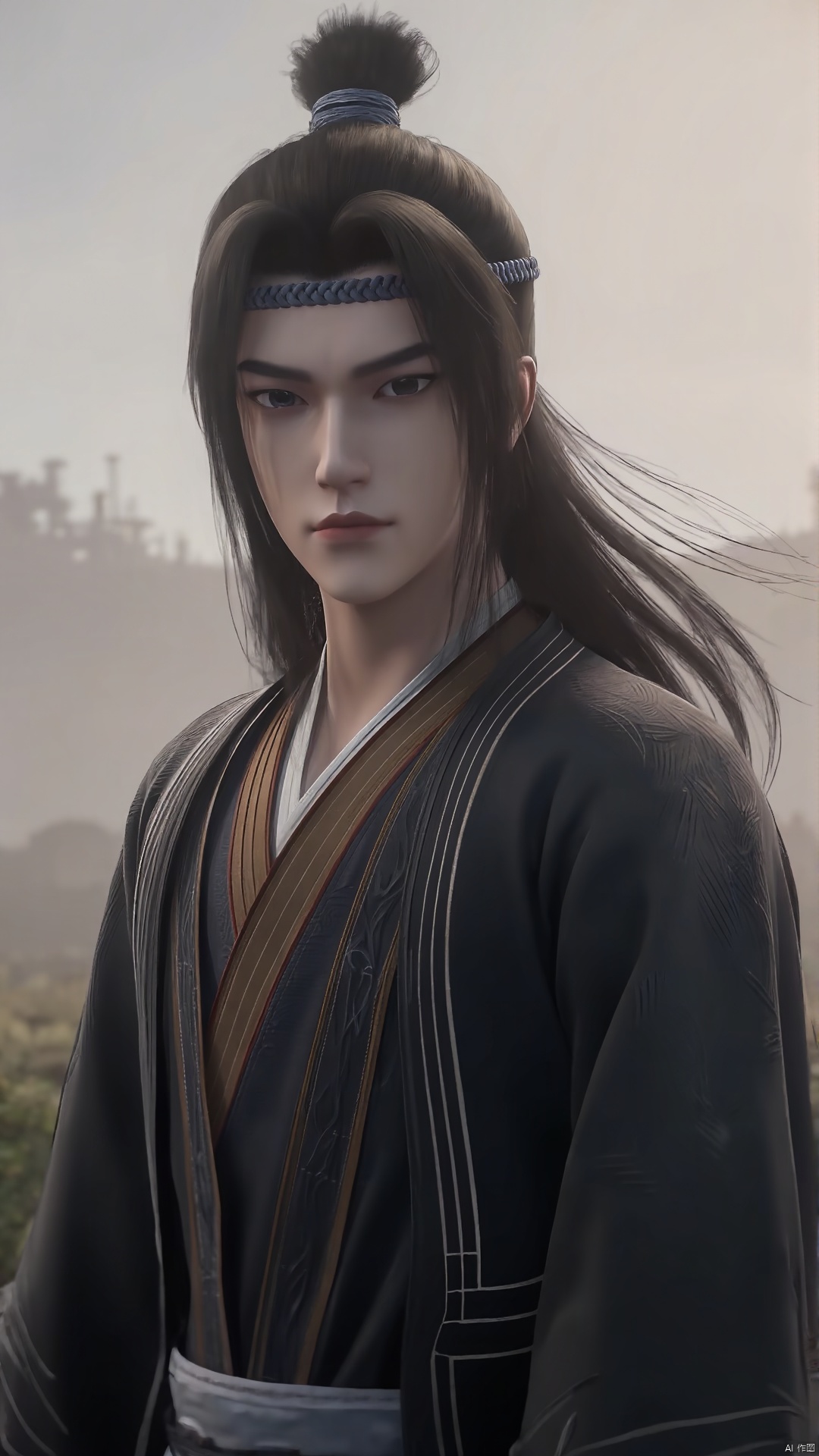 1boy,look at the camera,20-year-old,bust,In the morning,standing in the hazy morning mist,handsome,Chinese Costume,dark blue Hanfu,broad shoulders,manly chinese dudes,handsome male,bloodstain,dark blue headband,wind,floating hair,blacklong hair,High ponytail,swordsman (full body:0.4),realistic,outdoors,A shot with tension,Visual impact,Chinese Zen style,impactful picture,best quality,8k,hyper quality,high detail,ultra detailed,Masterpiece,solo,Big movie style,bust,solo,black hair,looking at viewer,realistic,indoors,upper body,long hair,headband,closed mouth,blurry,topknot,blurry background,robe,hair bun,,,hair band,