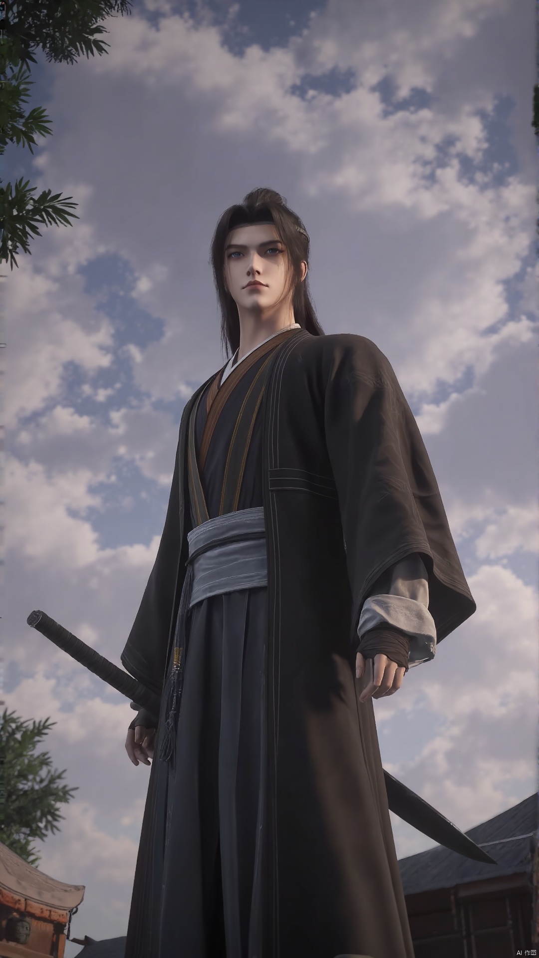 solo, long hair, black hair, 1boy, holding, standing, ponytail, weapon, male focus, outdoors, japanese clothes, sky, sword, cloud, wide sleeves, holding weapon, tree, bandages, holding sword, from below, cloudy sky, grey sky