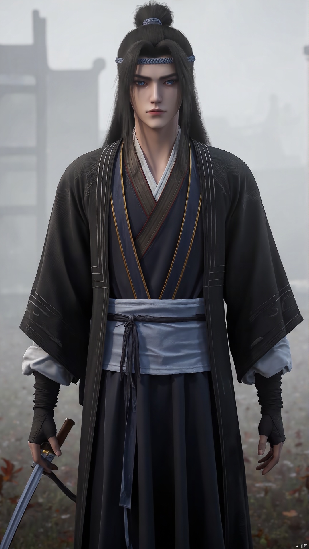 A 20-year-old boy stands tall in a hazy morning fog, his dark blue Hanfu fluttering in the wind. He holds a side sheathed sword, gazing directly at the camera with a dashing smile. His long black hair flows down his back like a waterfall, tied at the top with a high ponytail and secured by a bloodstained headband. Wide shoulders and a chiseled chest are accentuated by the morning light. The atmosphere is tense, with a sense of reality and urgency. The background is blurred, focusing attention on the subject's striking features.