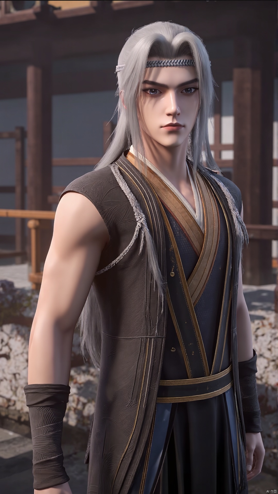 dao,1boy,solo,long hair,silver hair,muscle,IvoryGoldAI,blue eyes,pileum,menstoga,radagon,