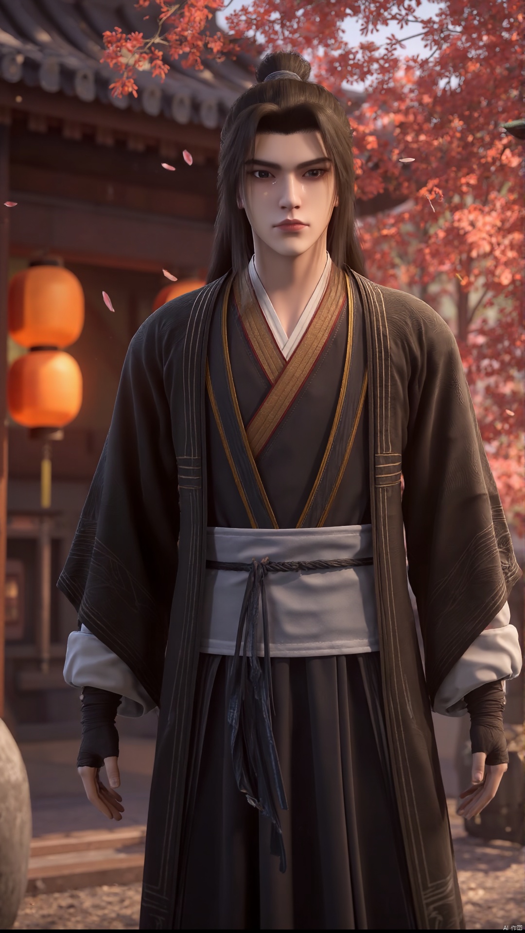 dao,1boy,solo,la man, half body, asian, yinzang_tgm,wearing hanfu,standing, in front of a house,(photo_realistic:1.3), best quality, highres, ultra details, masterpiece,(hairy body,40 years old, handsome rugged face, stubble, short hair,muscular, beefy),petals flying,outdoors,east asian architecture, scenery, lantern, red flower,blooming peach trees,