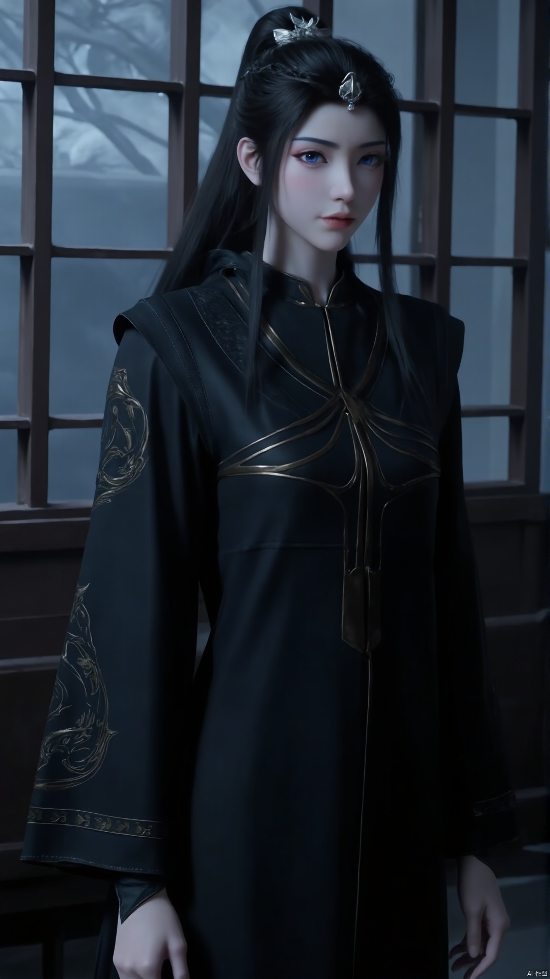 A young woman with striking blue eyes and raven-black hair styled in a sleek ponytail stands alone indoors, dressed in a stunning black Chinese-inspired gown with intricate long sleeves. Her gaze directly addresses the viewer as she wears a delicate hair ornament, her facial expression calm and serene. Framed by a large window, the dimly lit room accentuates the subject's features.
