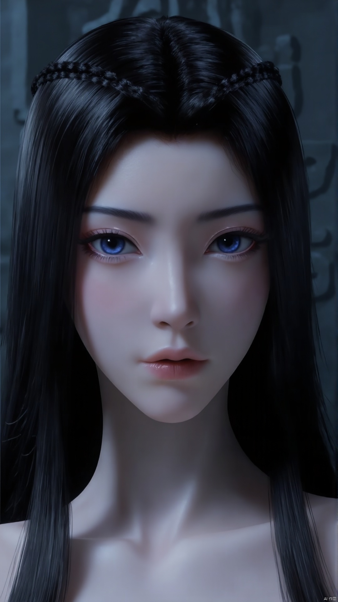 1girl, solo, black hair, blue eyes, long hair, portrait, braid, collarbone, closed mouth, realistic, lips