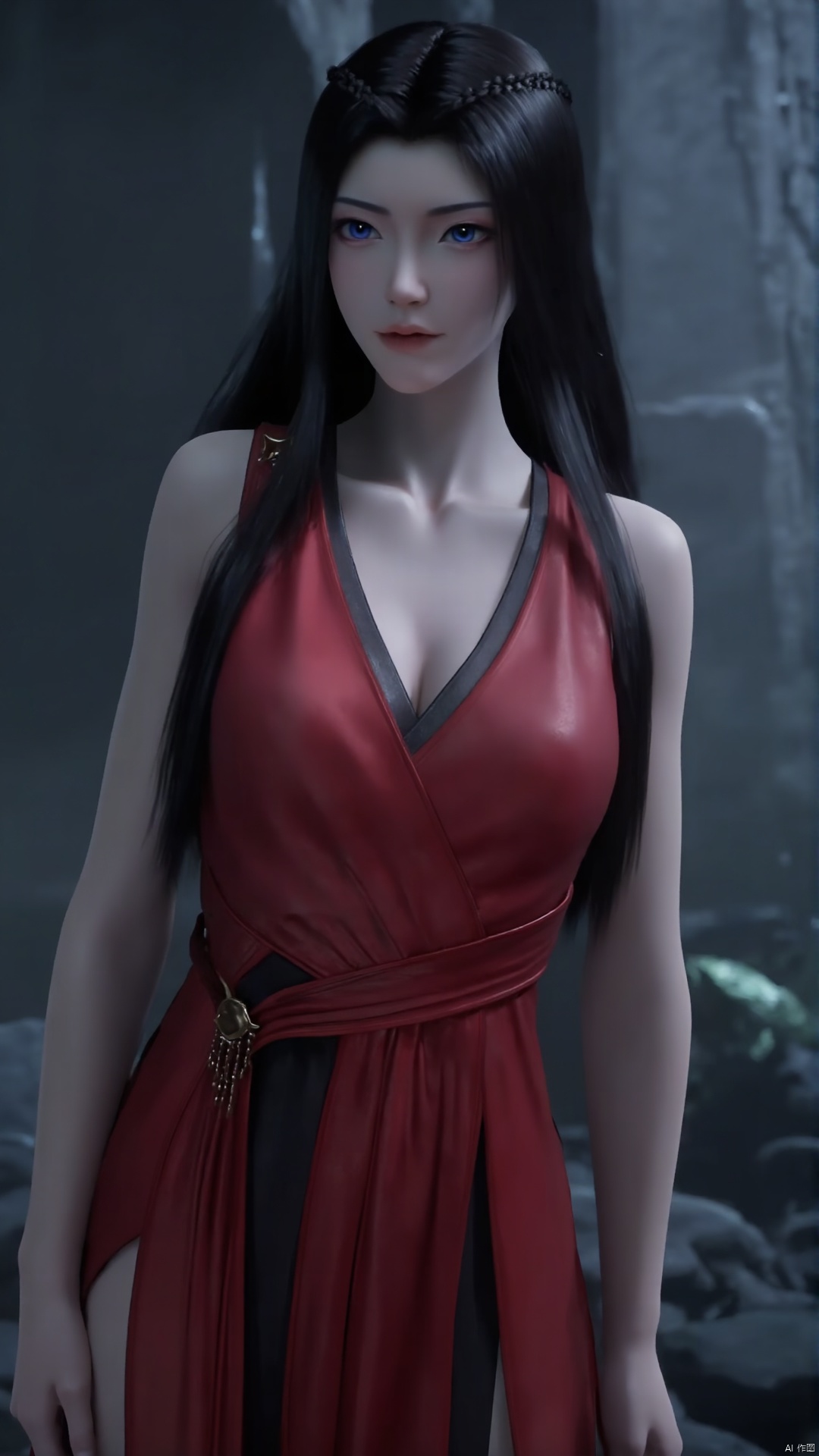 1girl, solo, black hair, dress, long hair, blue eyes, red dress, weapon, breasts, sword, cleavage, sleeveless, chinese clothes